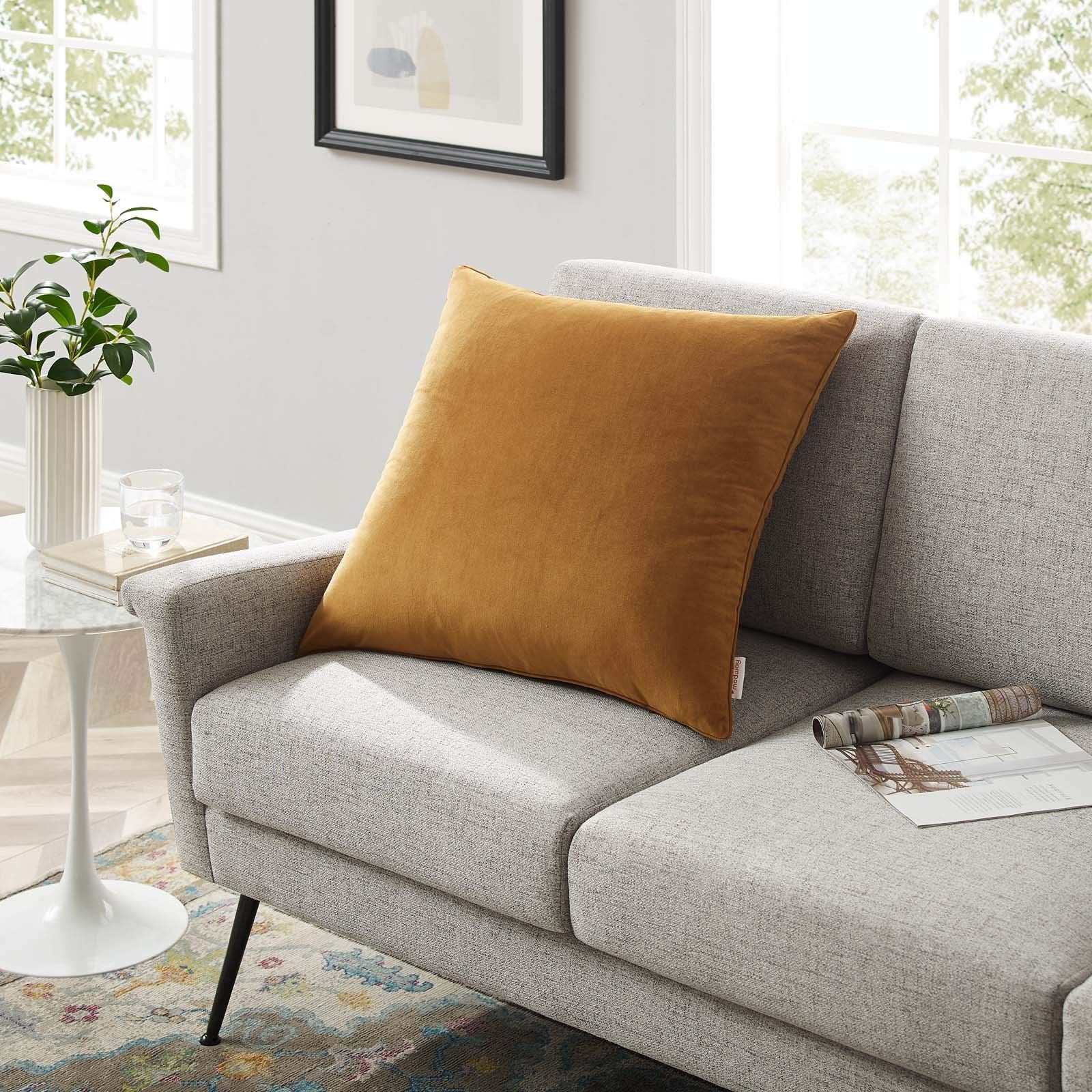 Modway Enhance Performance Velvet Throw Pillow, 24" X 24", Cognac