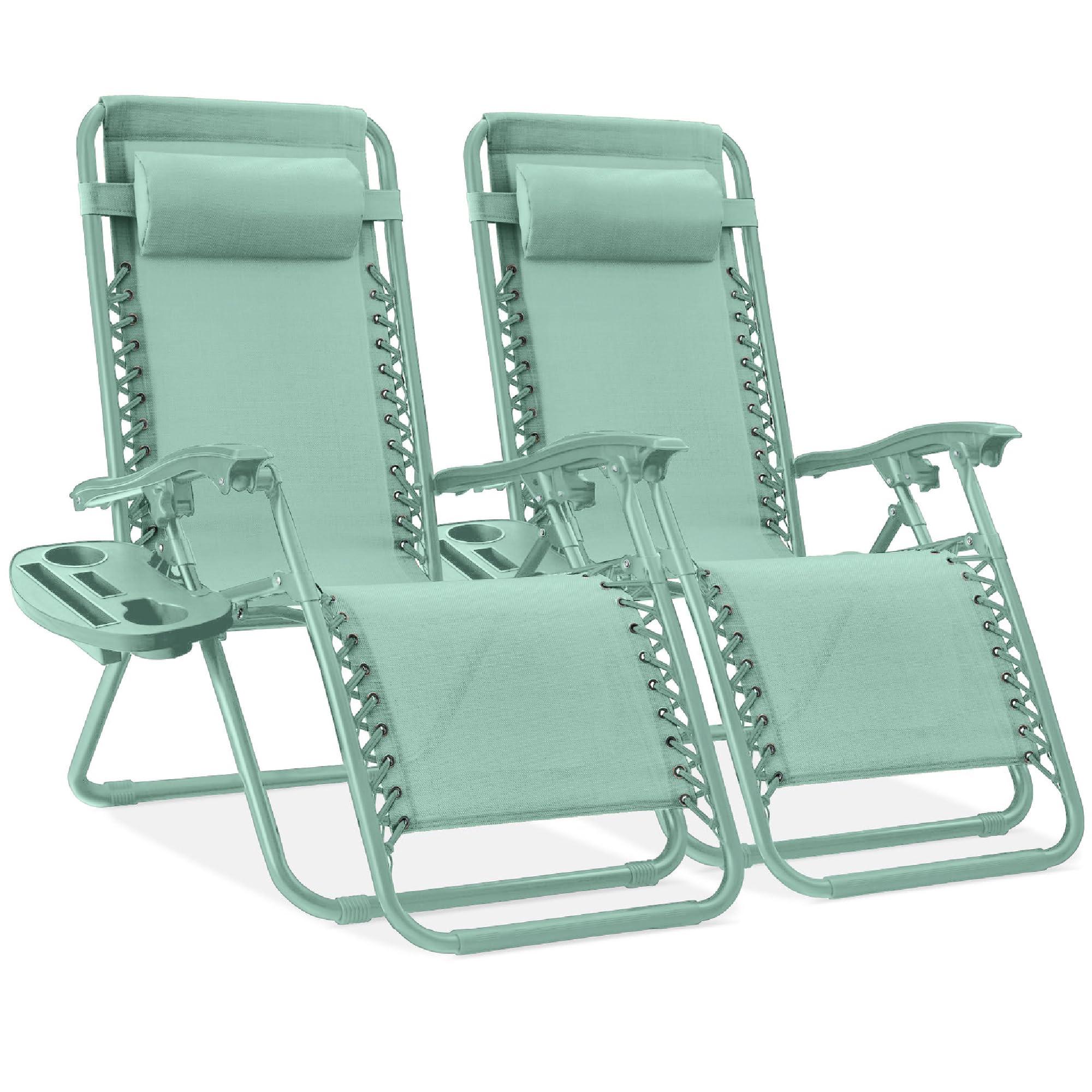 Best Choice Products Set of 2 Adjustable Steel Mesh Zero Gravity Lounge Chair Recliners w/Pillows and Cup Holder Trays - Seafoam