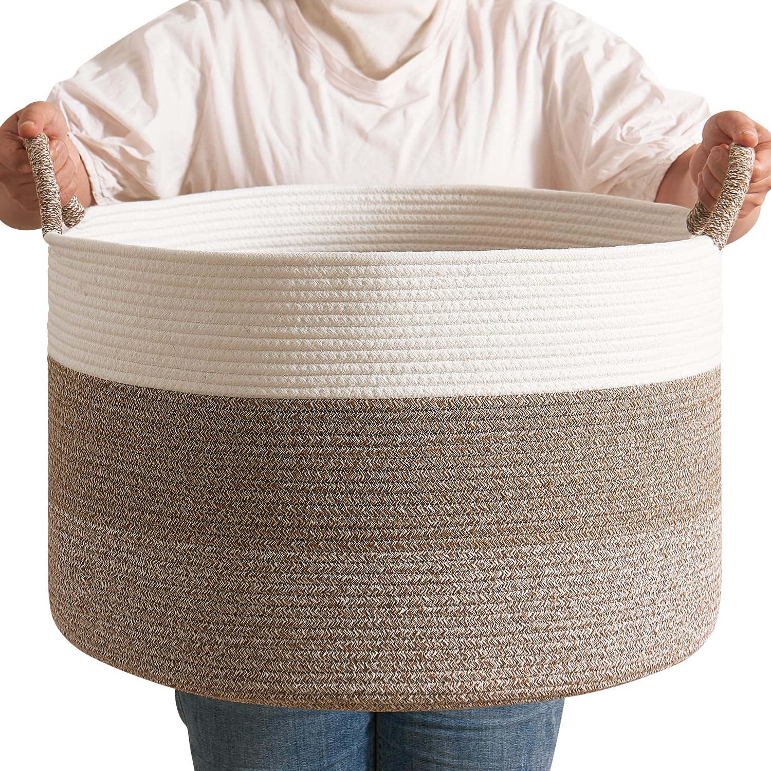 CLHMILY&Z Large Woven Basket - 20x13 Inches - Blanket Hamper for Living Room, Round Storage Bin, XLarge Laundry Organizer for Cl