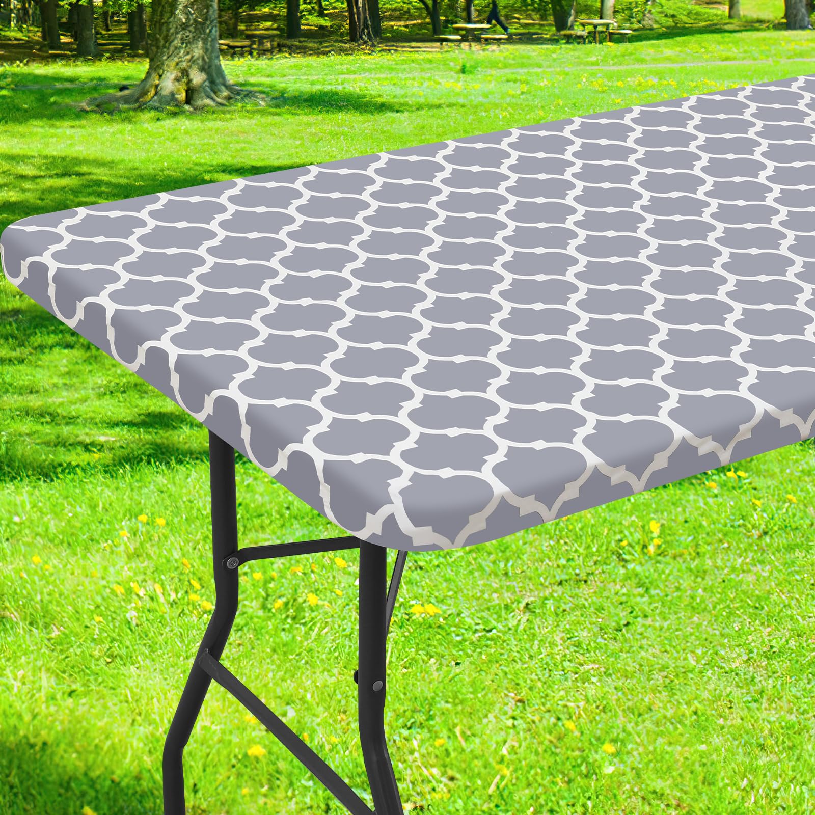 Smiry Rectangle Picnic Tablecloth, Waterproof Elastic Fitted Table Covers For 6 Foot Tables, Wipeable Flannel Backed Vinyl Tablecloths For Camping, Indoor, Outdoor (Grey Morocco, 30X72 Inches)