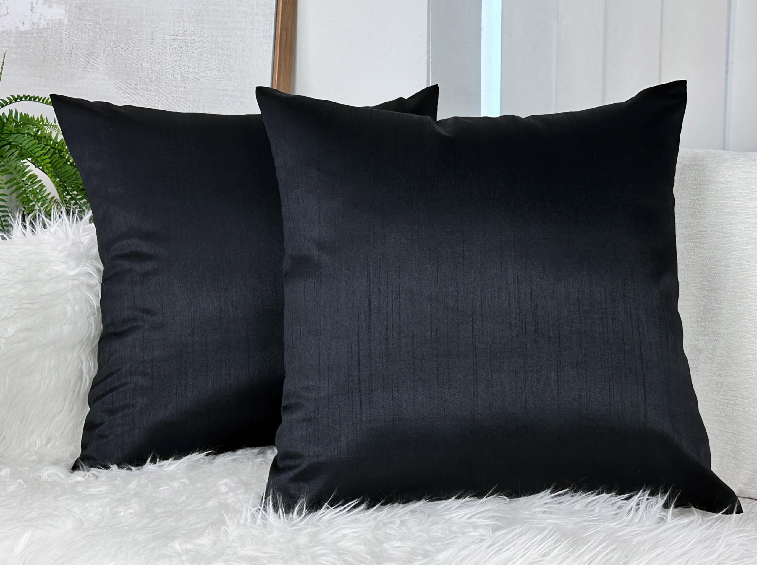 Aiking Home 24X24 Inches Faux Silk Square European Shams, Zipper Closure, Black (Set Of 2)
