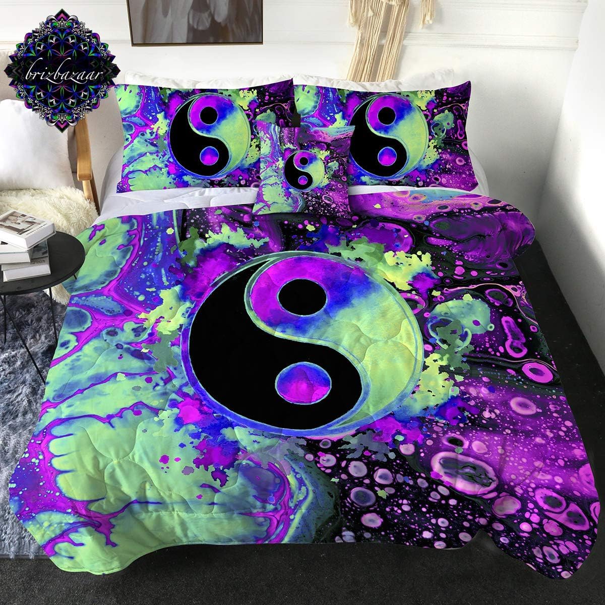 Sleepwish Colorful Yin Yang Full Size Comforter Set Purple Turquoise Bedding Set 4 Pieces Psychedelic Splash Bubbles Bed Set Wit