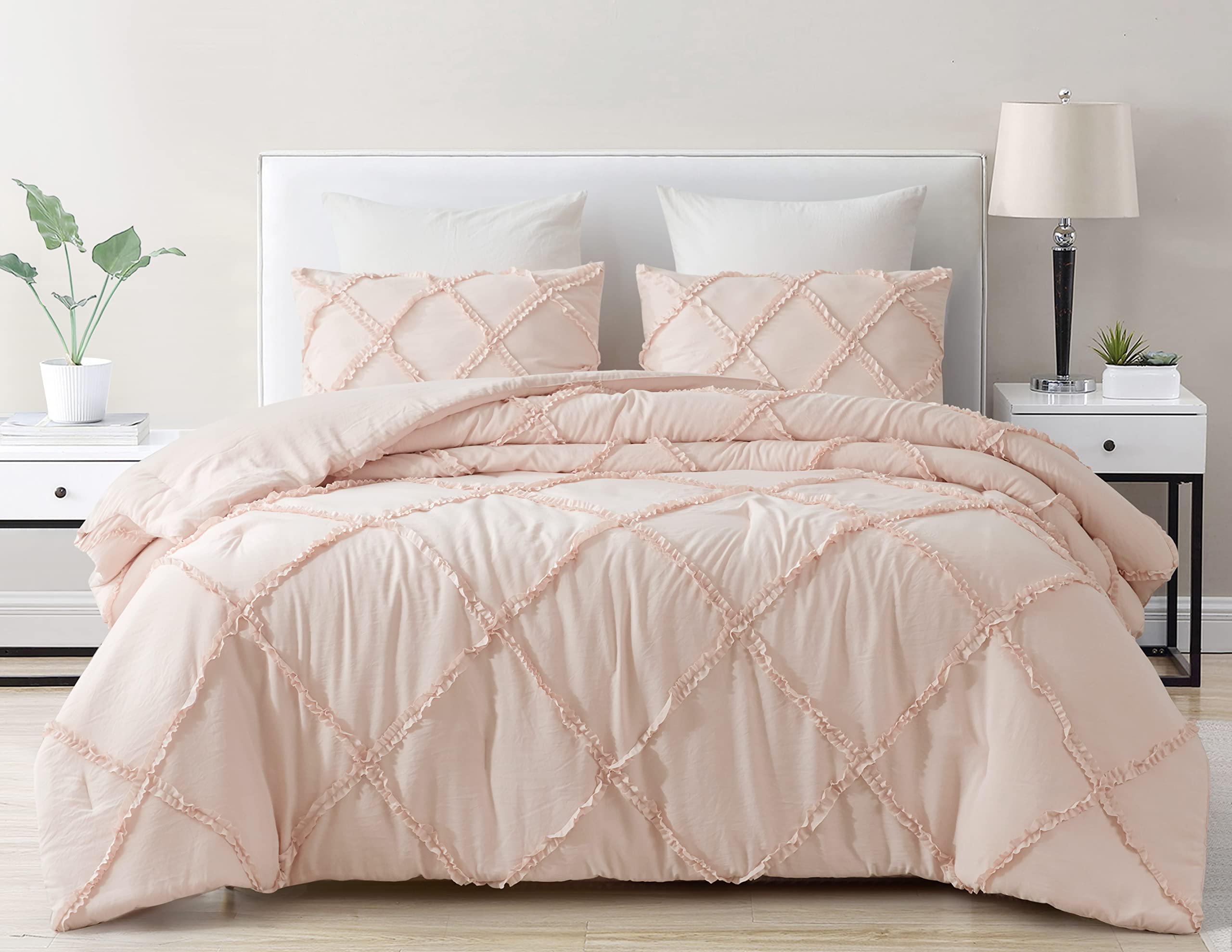 Chezmoi Collection Vivian 3-Piece Diamond Ruffle Quilted Trim Soft Washed Microfiber Comforter Set (King, Blush)