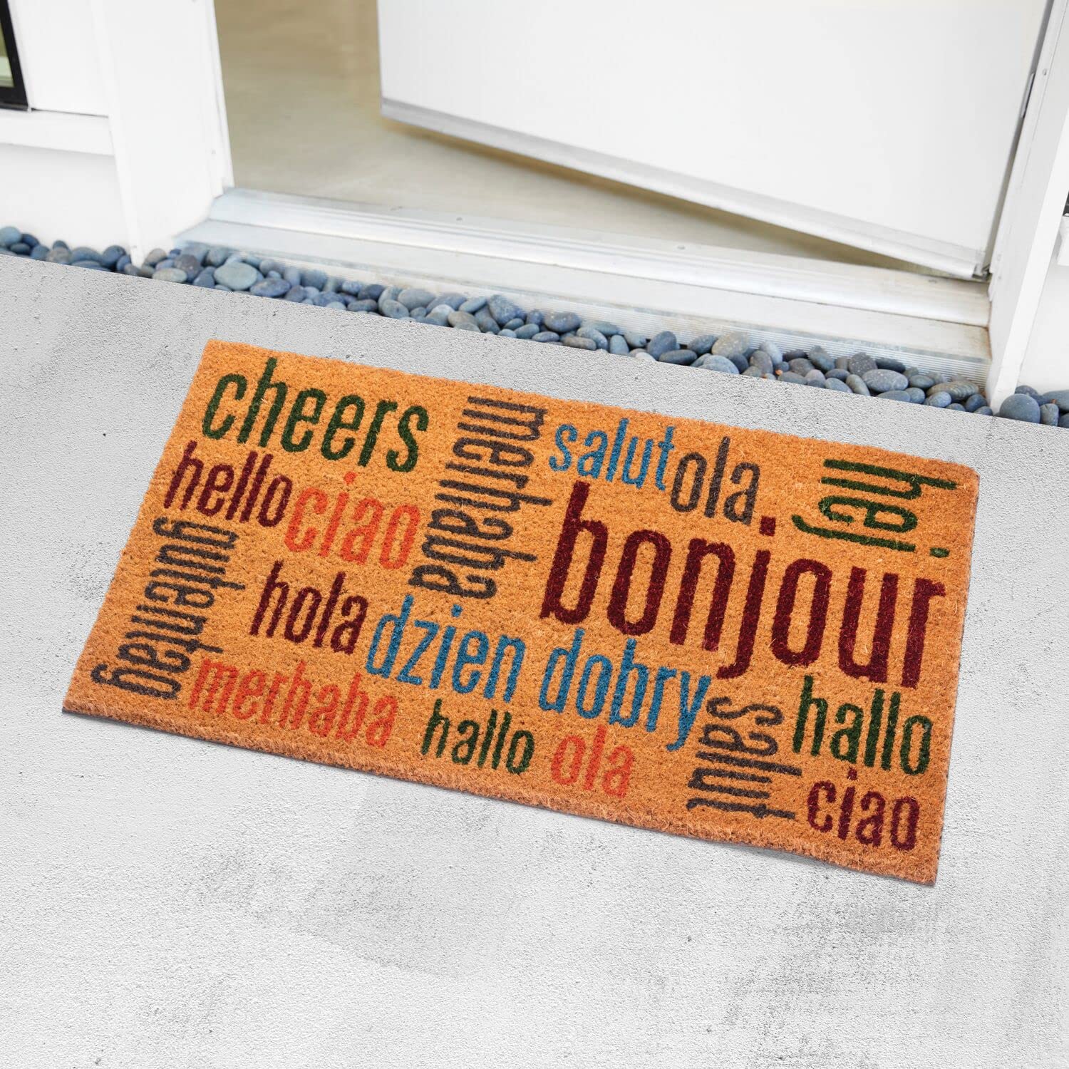 Notrax Multi-Lingual Hello, Vinyl-Backed Natural Coir Doormat, Entry Mat For Indoor Or Outdoor Use, 18'X30', C12 (C12S1830Hw)