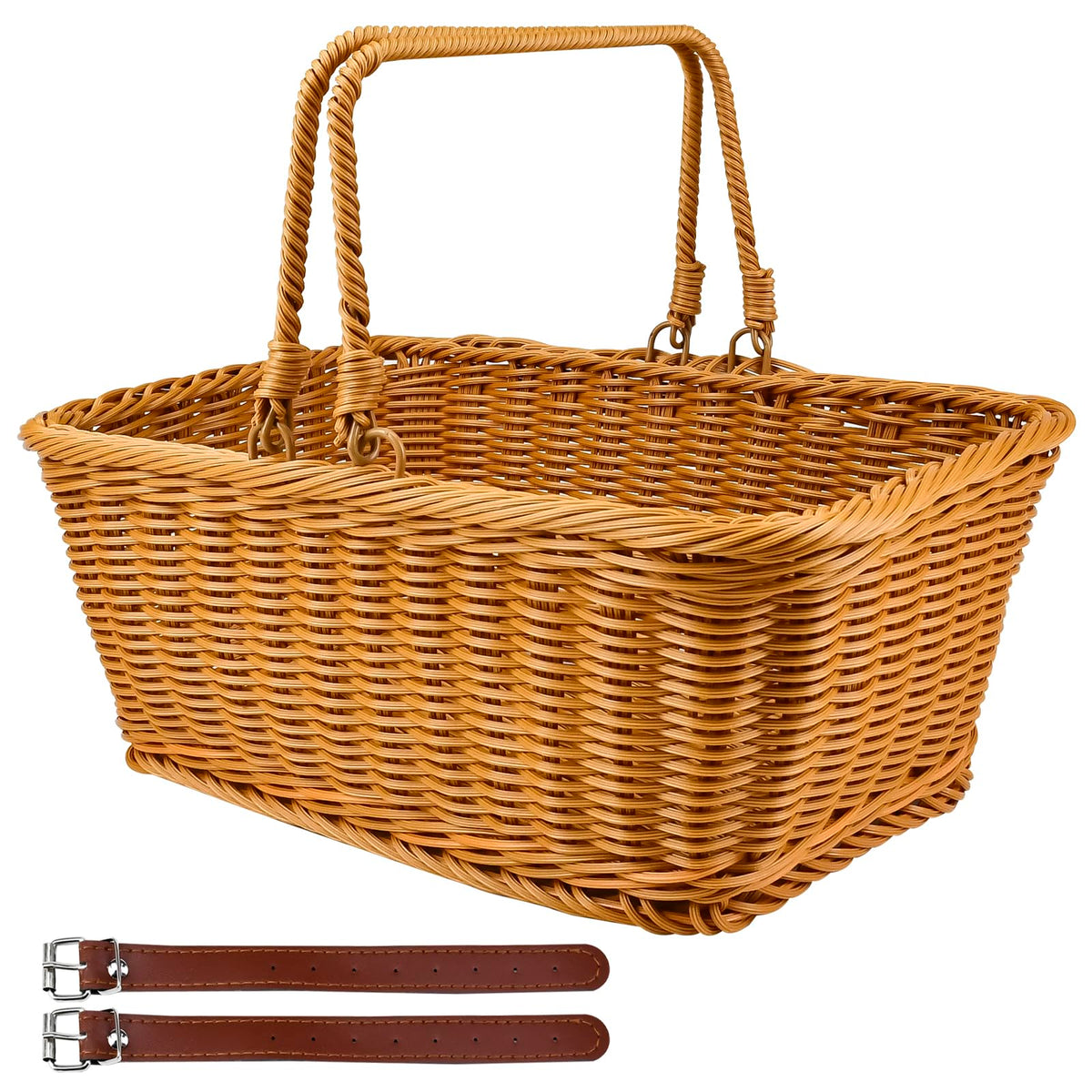 Fulhdedi 14 Inch Wicker Picnic Basket with Handles and 2 Leather Straps