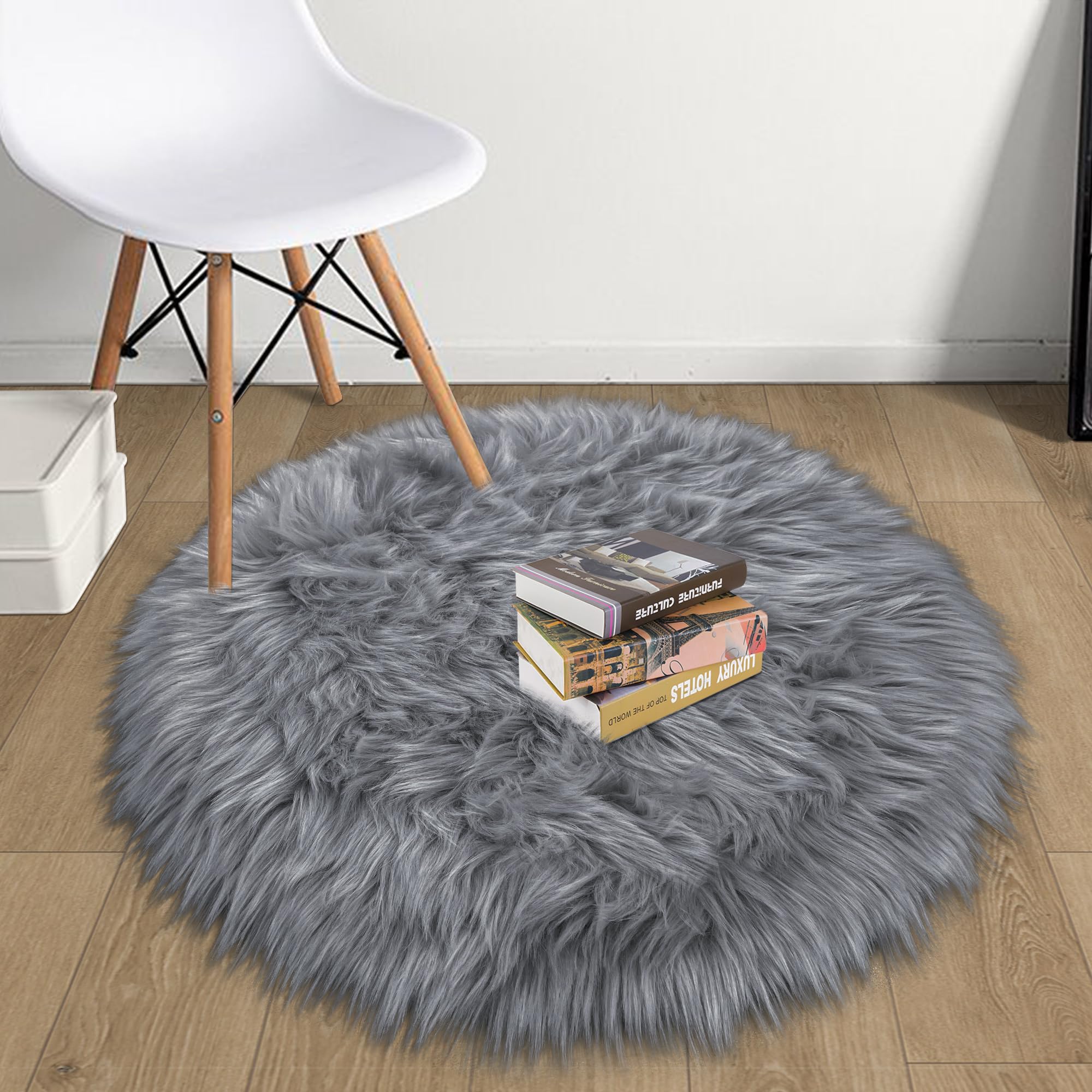 Tennola Grey Round Rugs For Bedroom, Fluffy Circle Rug 2 2 Feet For Kids Room, Furry Carpet For Teen Girls Room, Non-Slip Shaggy