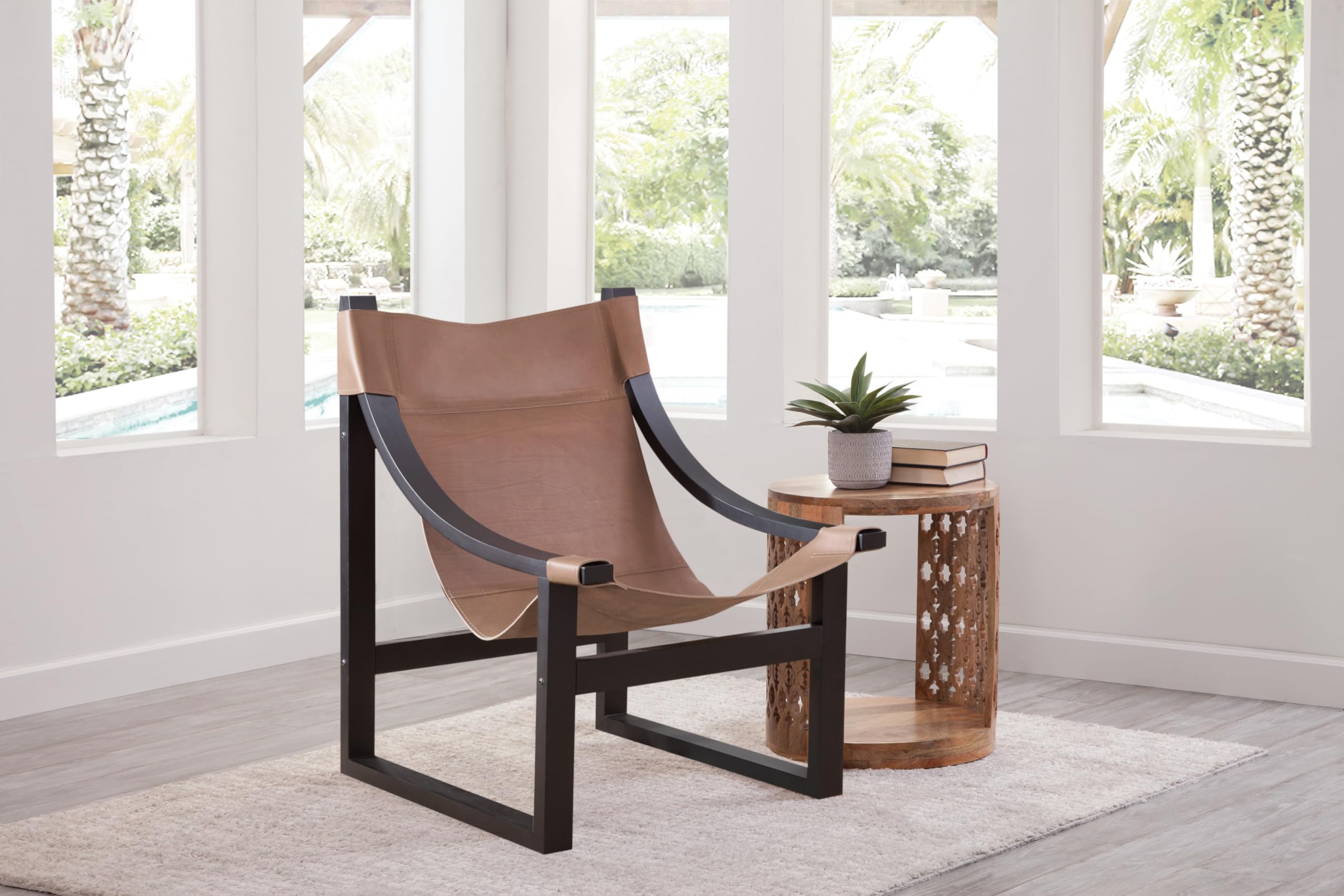 Steve Silver Furniture Lima Leather Sling Accent Chair, Oak Solids, Home Office, Living Room, Stable Wooden Frame, Balcony, 26.3' L X 28.3' W X 37' H, Brown/Black