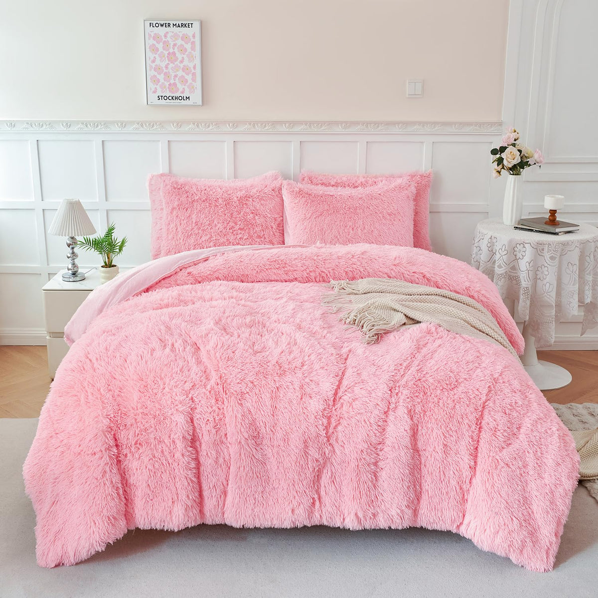 Winlife Faux Fur Comforter Set Twin Size Pink 3Pcs Fluffy Furry Shaggy Comforter Set Ultra Soft Long Hair Plush Bedding For Girl