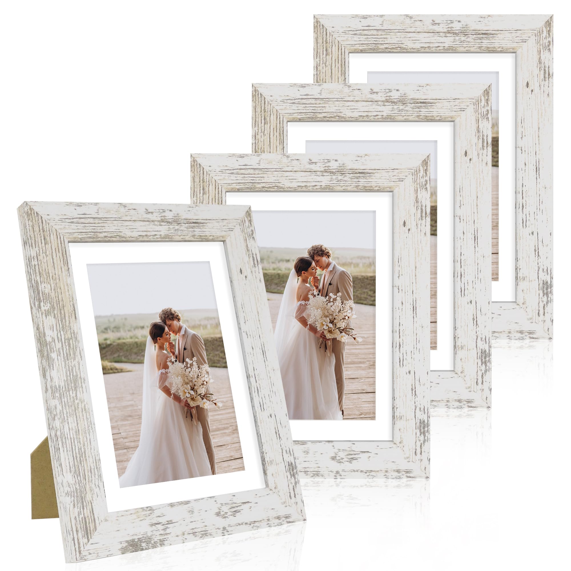 Hongkee 5x7 Picture Frame Set of 4, Made of Real Glass and Distressed White Wooden Frame, 5 by 7 Photo for Wall or Tabletop - Di