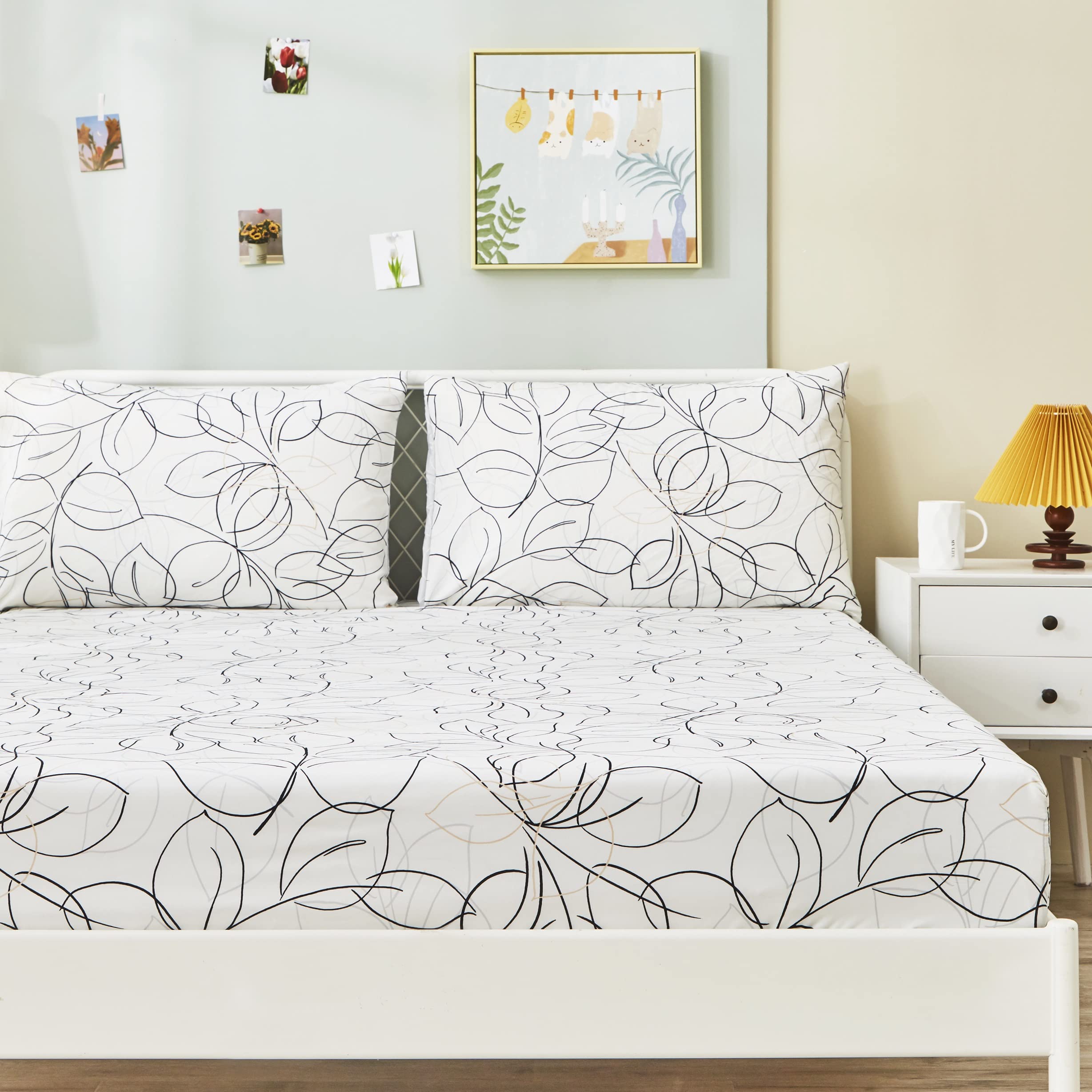 Tache White Leaf Fitted Sheet + Pillowcases - Foliage Line Art Black Grey Gold Modern Abstract Minimalist 15-Inch Deep Pocket Be