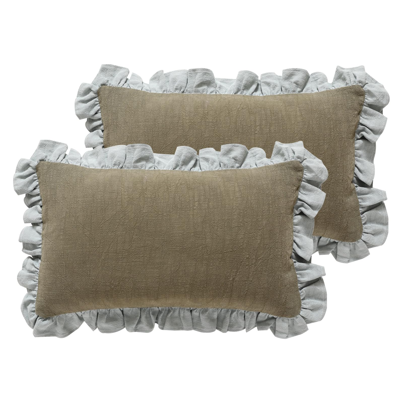Patdrea Green Decorative Throw Pillow Covers 12X20 Set Of 2, Farmhouse Linen Pillow Covers With Ruffles, Square Sturdy Throw Pil