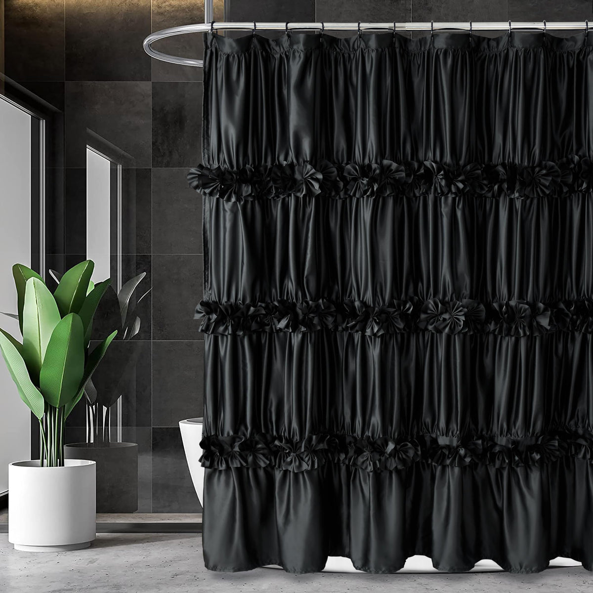 Homechoice Decor Black Ruffle Shower Curtain, Vintage Handcrafted Bow Tie Bath Curtain For Master Bathroom, Ruched Satin Bathroo