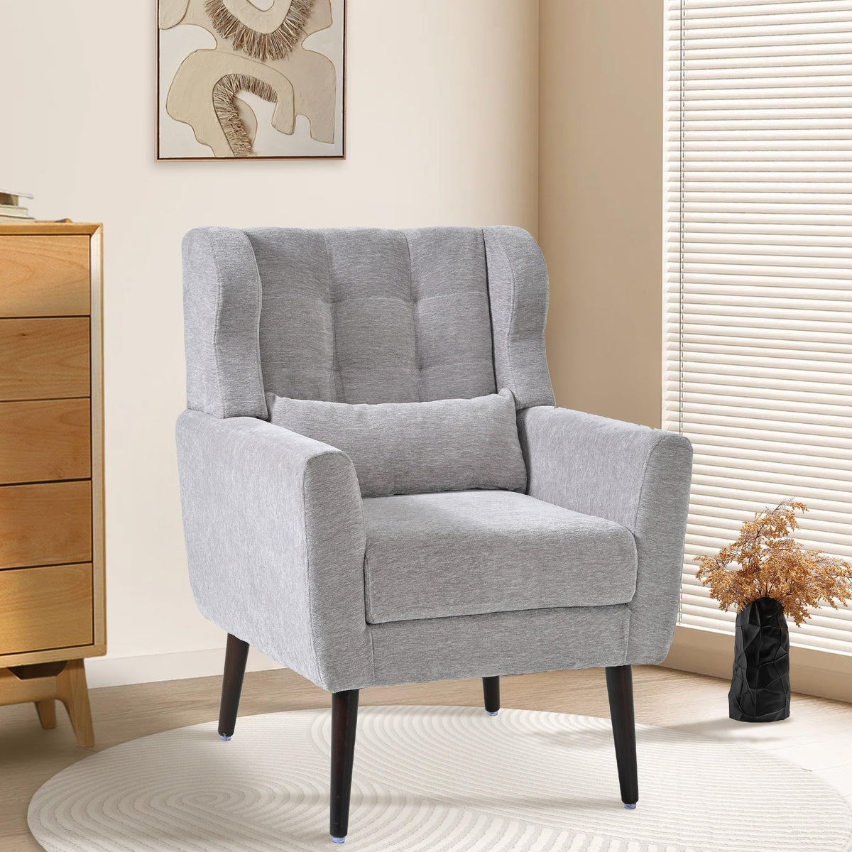 Qkff Modern Accent Chair, Upholstered Armchair With Pillow, Fabric Single Sofa Chair With Lounge Seat Solid Wood Legs Accent Cha