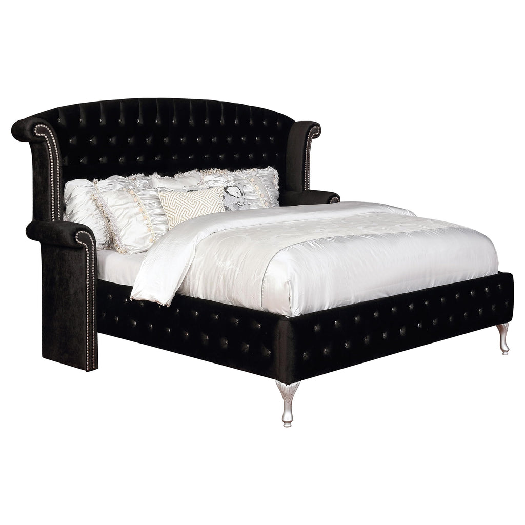 Coaster Home Furnishings Deanna Modern Classic Velvet Upholstered Eastern King Size Wingback Bed Frame Platform Bed 66-inch Headboard Black 206101KE