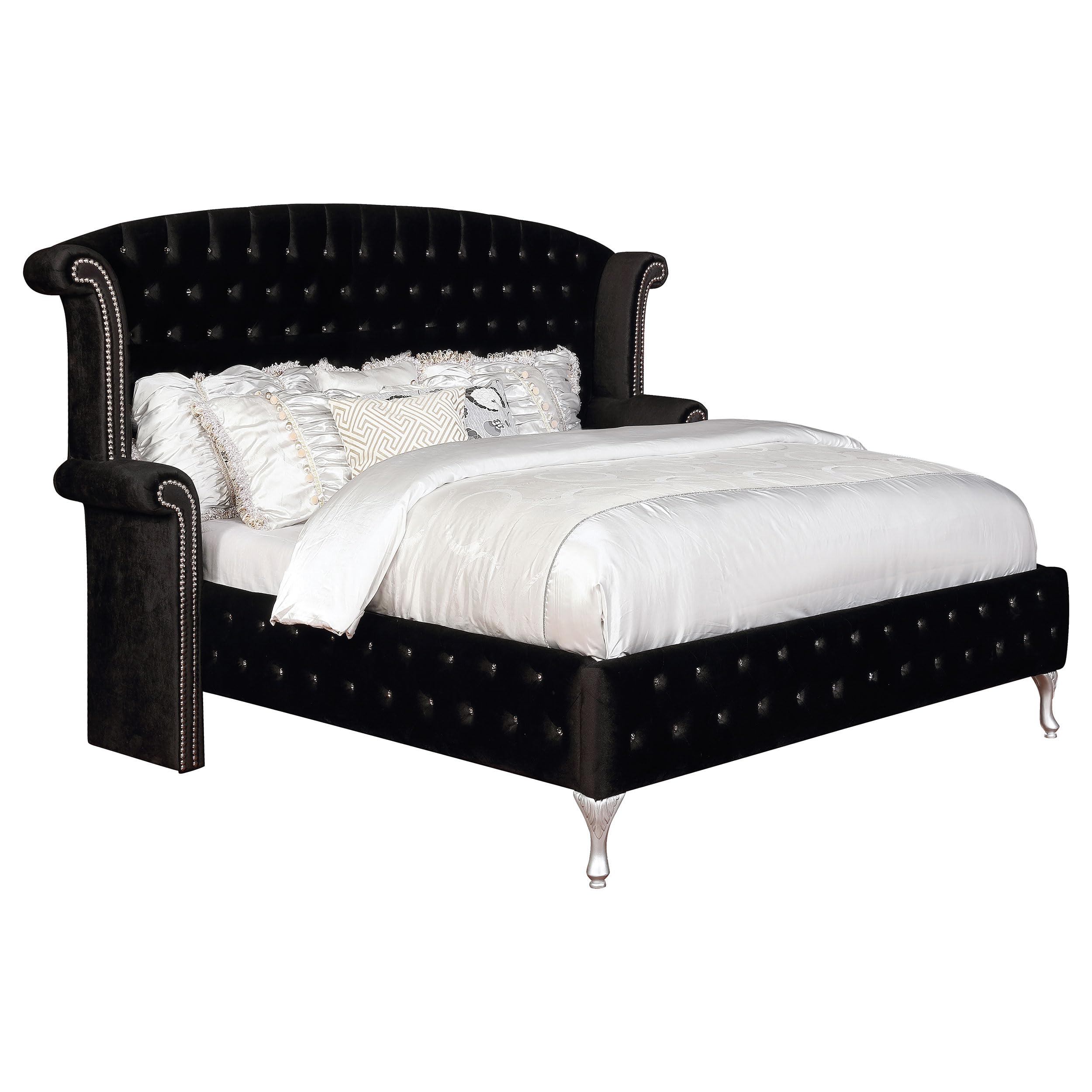 Coaster Home Furnishings Deanna Modern Classic Velvet Upholstered Eastern King Size Wingback Bed Frame Platform Bed 66-inch Headboard Black 206101KE