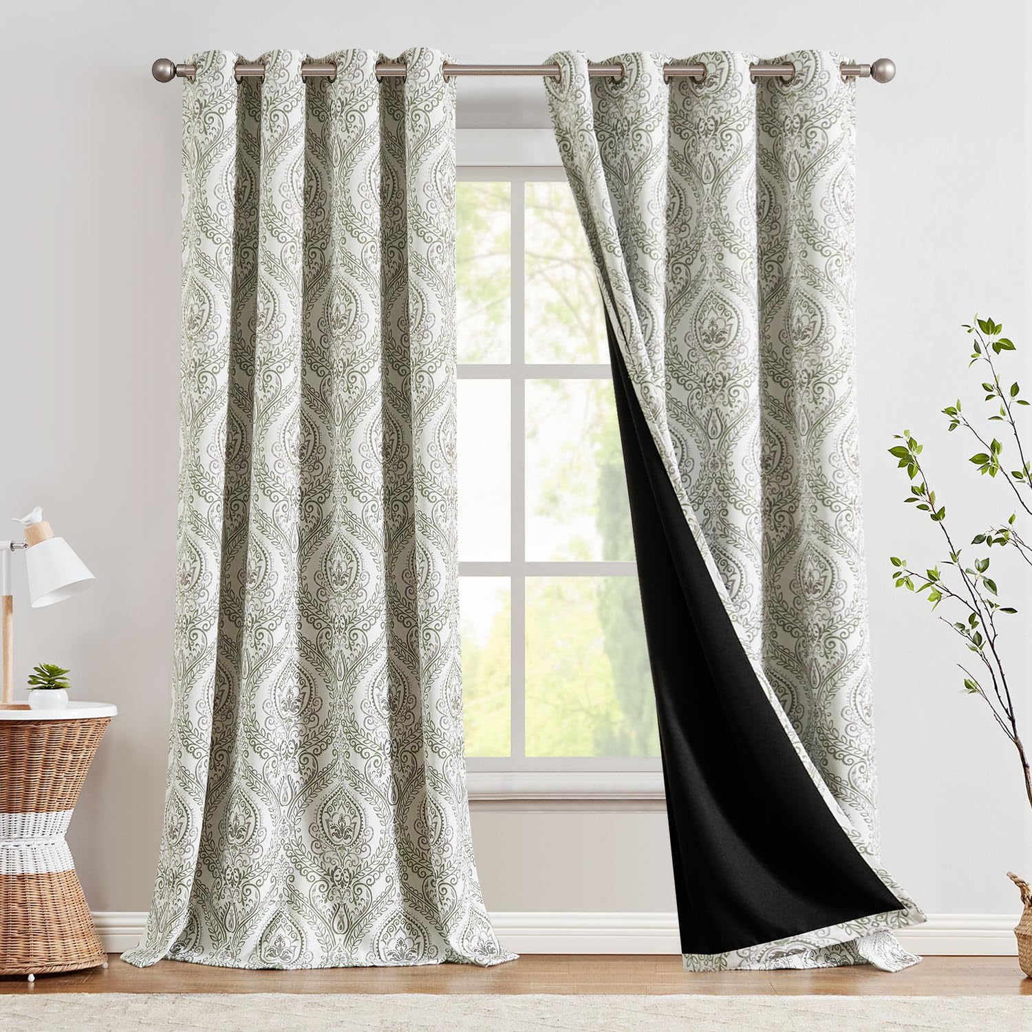 Jinchan 100% Blackout Curtains 96 Inches Long Sage Green Damask Medallion Window Curtains For Bedroom Grommet Thermal Insulated Drapes For Living Room Vintage Luxury Window Treatments Set 2 Panels