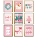 AnyDesign Pink Christmas Wall Art Prints Vintage Santa Xmas Tree Posters Merry Bright Paper Wall Arts for Living Room Bedroom De