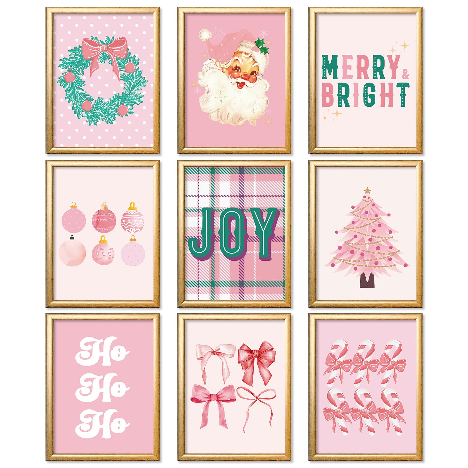 AnyDesign Pink Christmas Wall Art Prints Vintage Santa Xmas Tree Posters Merry Bright Paper Wall Arts for Living Room Bedroom De