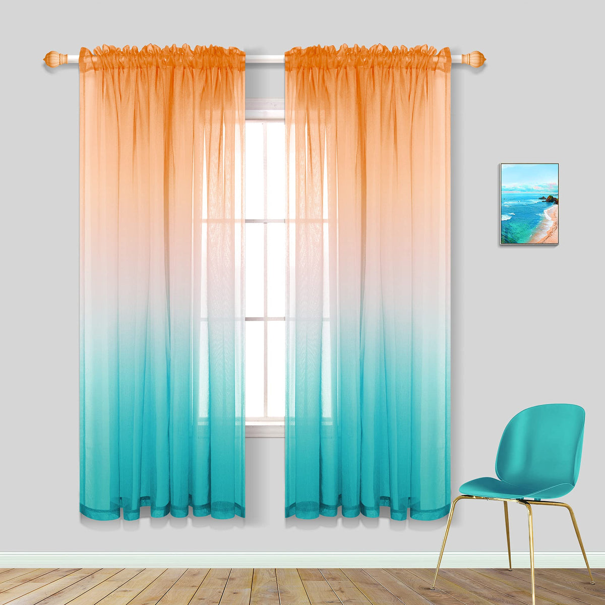 Pitalk Orange Sheer Curtains For Bedroom Beach Themed Summer Coastal Curtains For Living Room 63 Inch Length Orange And Teal Tur