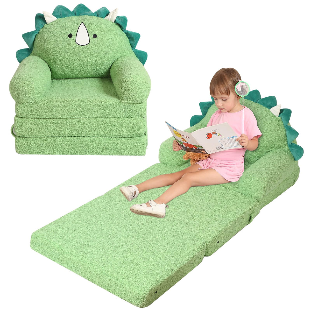 Momcaywex Foldable Kids Sofa, Triceratops Toddler Couch With Tri Folding Foam Cushions, Comfy Kids Couch For Age 3-6