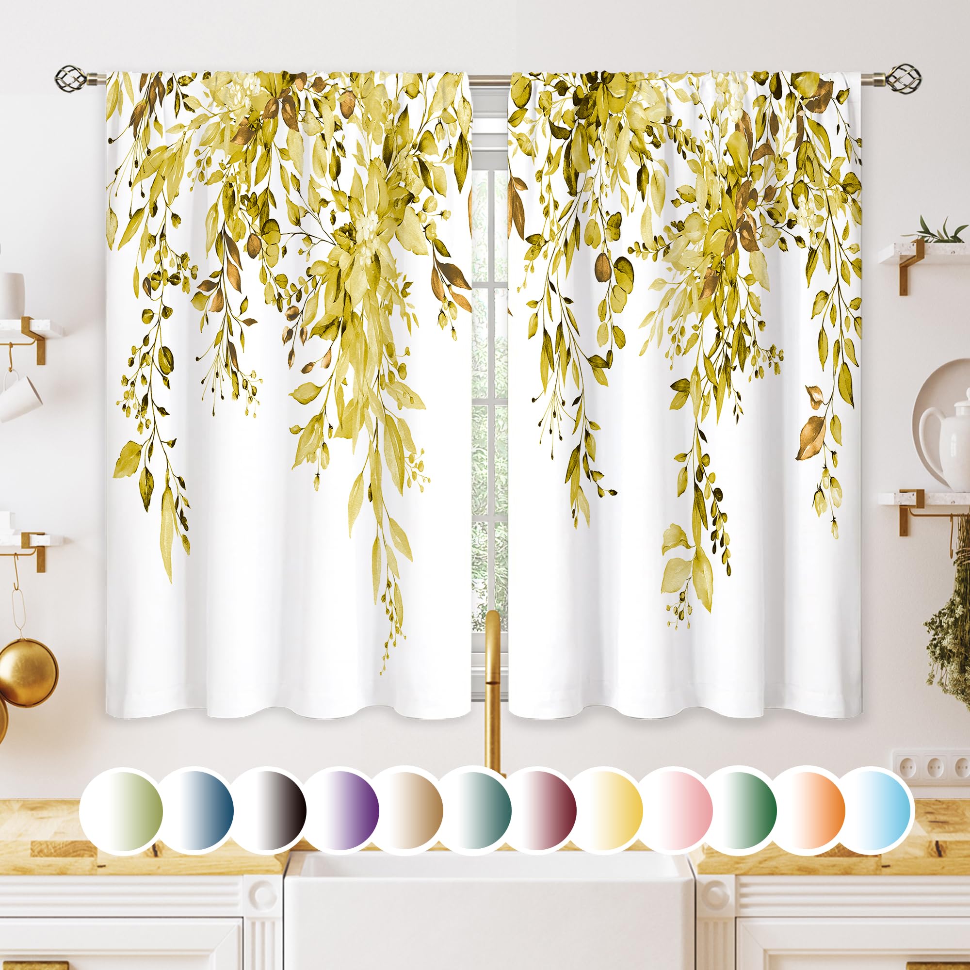 Oolygoo Yellow Eucalyptus Botanical Leaves Floral Kitchen Window Curtains Over Sink Farmhouse Flower Leaf Small Window Treatment