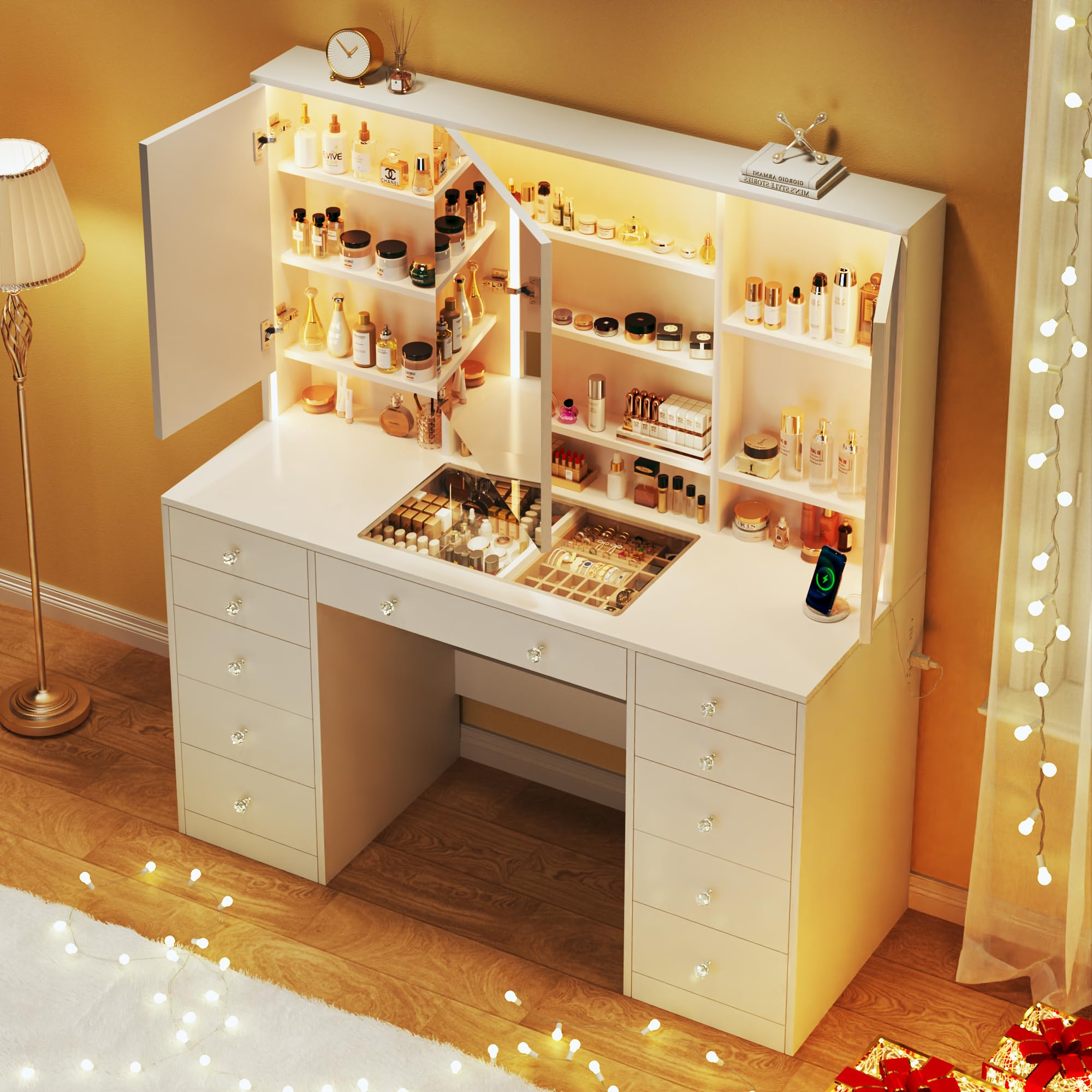 HUAHUU 50 Glass Top Makeup Vanity with 11 Drawers, White Vanity Desk with Large LED Mirror & Lights, Built-in Charging Station