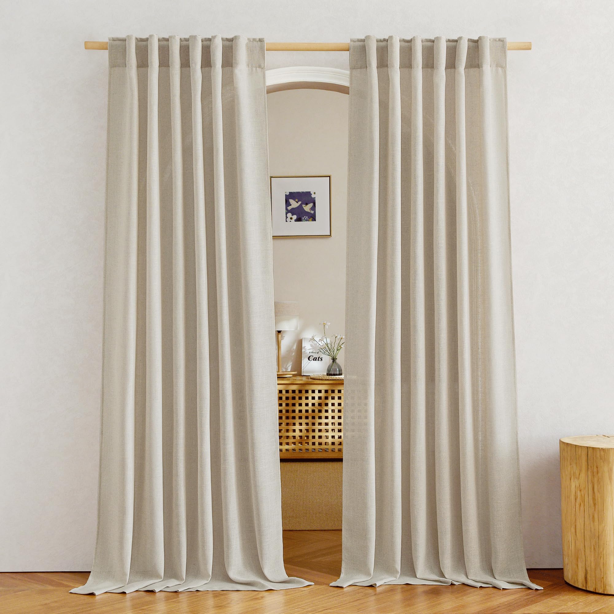 Nicetown Linen Light Taupe Curtains 84 Inches Long, Rod Pocket & Back Tab Flax Linen Window Treatments Privacy Vertical Drapes W