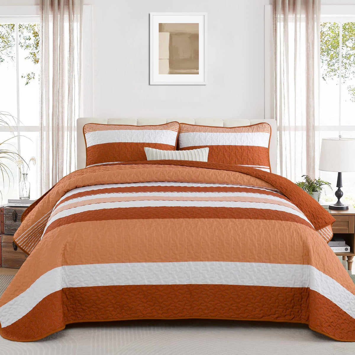 Dinjoy Burnt Orange Striped King Size Quilt Set,Boho King Quilt Bedding Set Lightweight Bedspreads Micofiber 3 Pieces Farmhouse