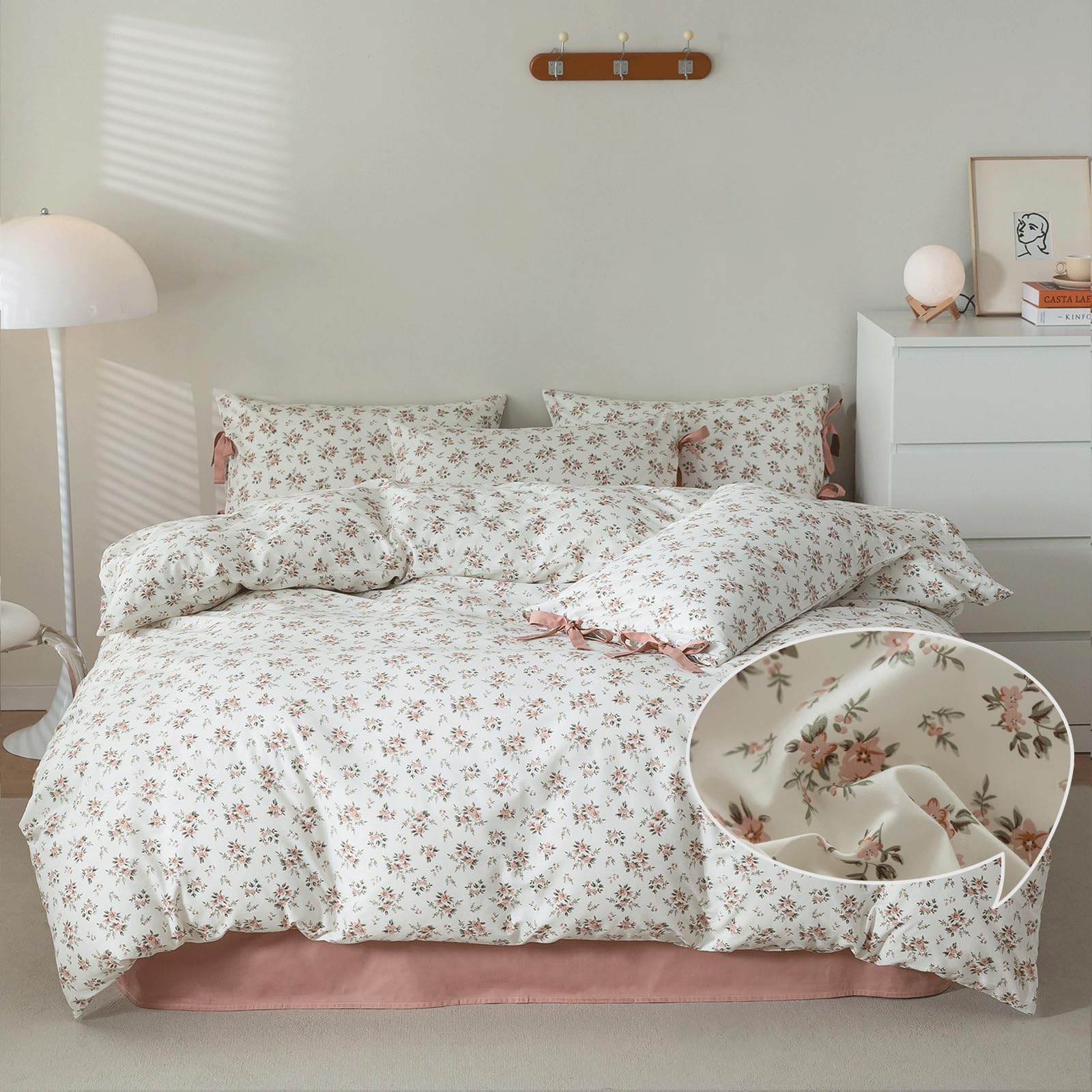 Pink White Duvet Cover Set Full 3 Pieces Blush Pink Flower Duvet Cover With 2 Bow Ties Pillowcases,Cottagecore Bedding Set 100%