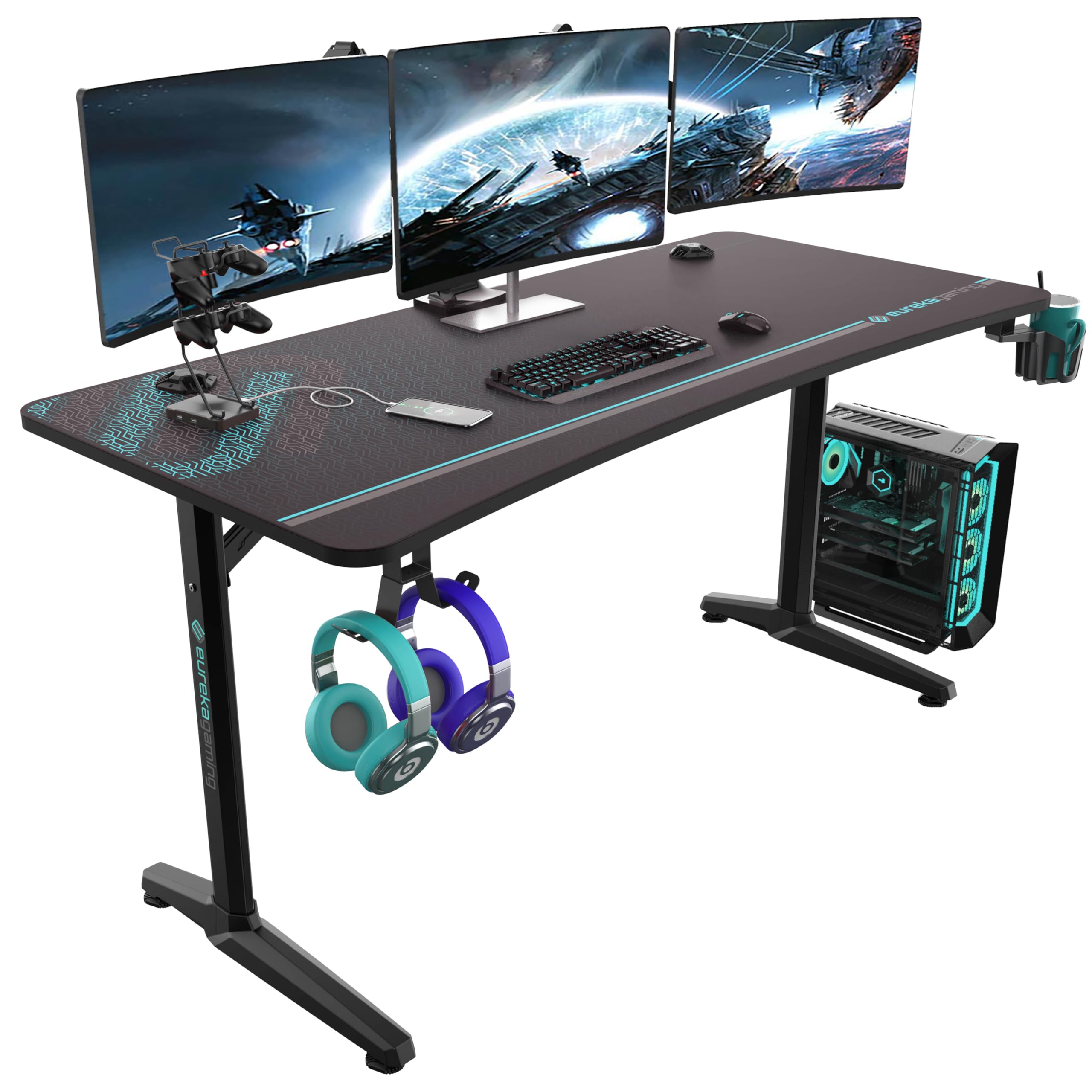 EUREKA ERGONOMIC 60 Inch Gaming Desk with Full Mouse Pad, Large Home Office Curved Computer Desk for 3 Monitors with Cup Holder,