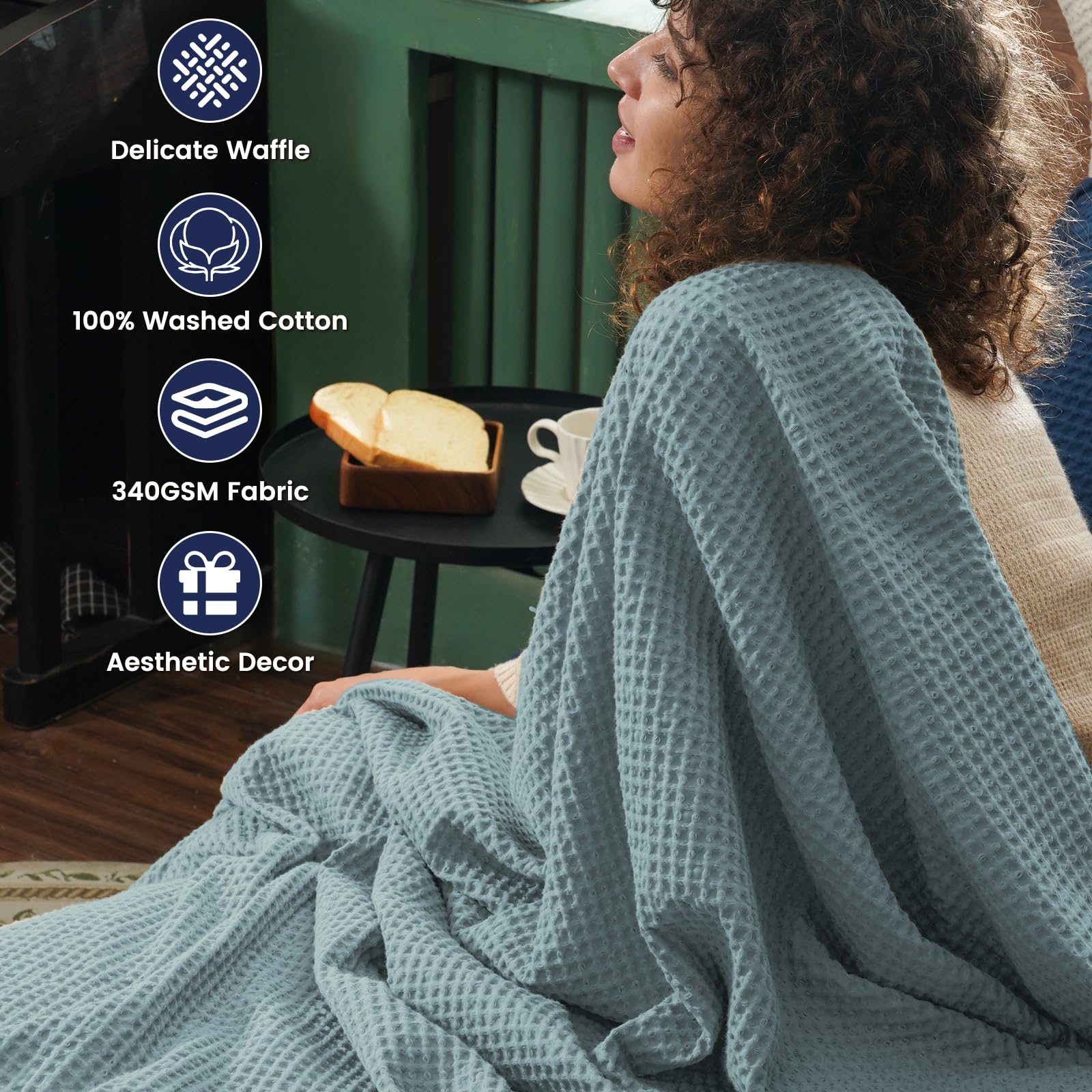 Phf 100% Cotton Waffle Weave Blanket King Size 104' X 90' - Lightweight Cozy Washed Soft Breathable Throw - Perfect Layer For Couch Bed Sofa - Elegant Aesthetic Home Decoration Gift - Ocean