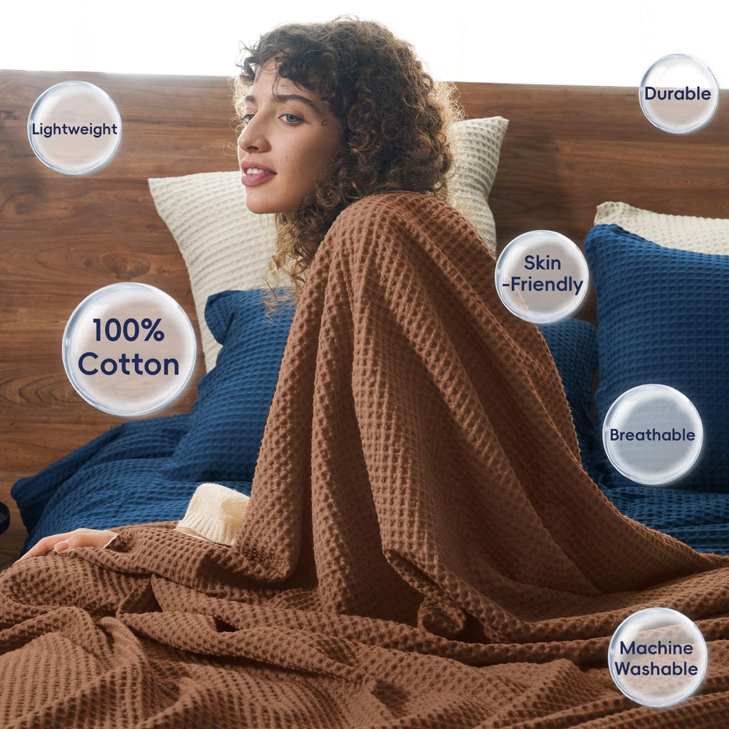 Phf 100% Cotton Waffle Weave Blanket Twin Size 66'X90'-Lightweight Washed Soft Breathable Blanket For All Season-Perfect Blanket Layer For Couch Bed Sofa -Elegant Home Decoration - Cappuccino