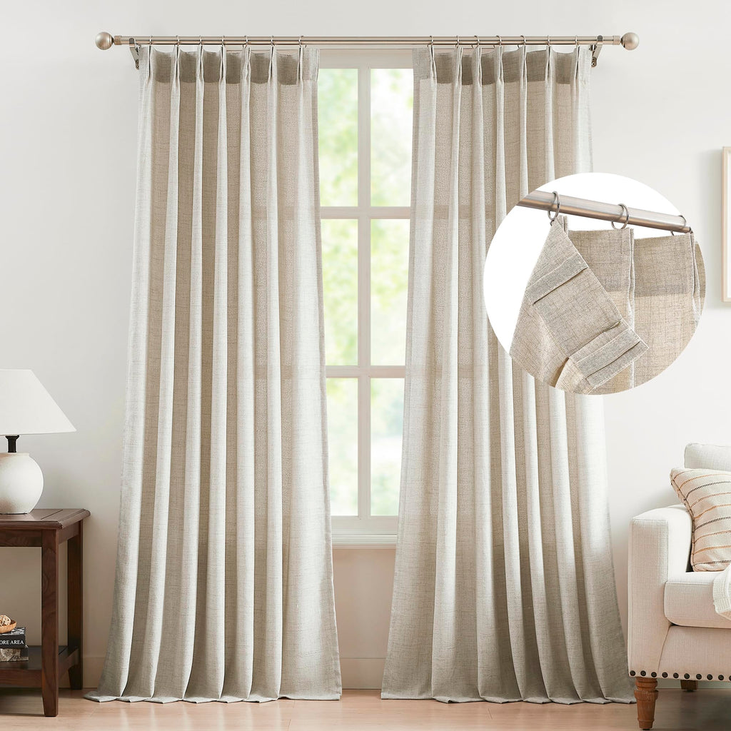 FMFUNCTEX Linen Pinch Pleated Curtains 96 Inches Long for Living Room, Beige Semi Sheer Pleat Drapes for Bedroom with Hooks, Lig