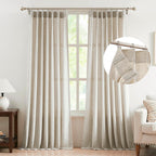 FMFUNCTEX Linen Pinch Pleated Curtains 96 Inches Long for Living Room, Beige Semi Sheer Pleat Drapes for Bedroom with Hooks, Lig