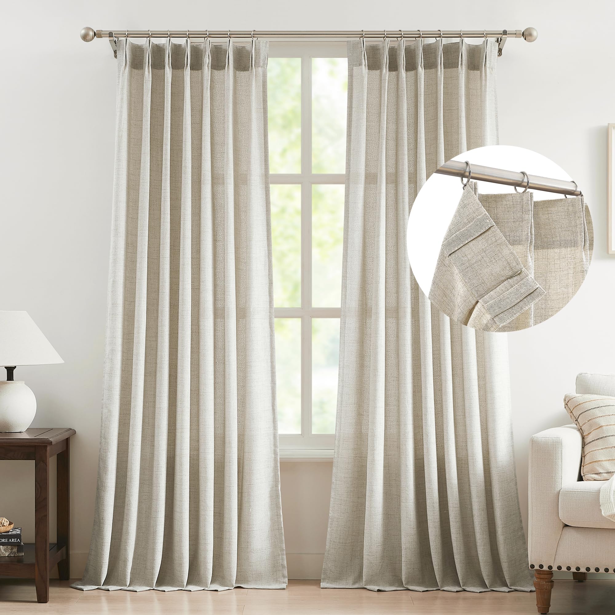 FMFUNCTEX Linen Pinch Pleated Curtains 96 Inches Long for Living Room, Beige Semi Sheer Pleat Drapes for Bedroom with Hooks, Lig
