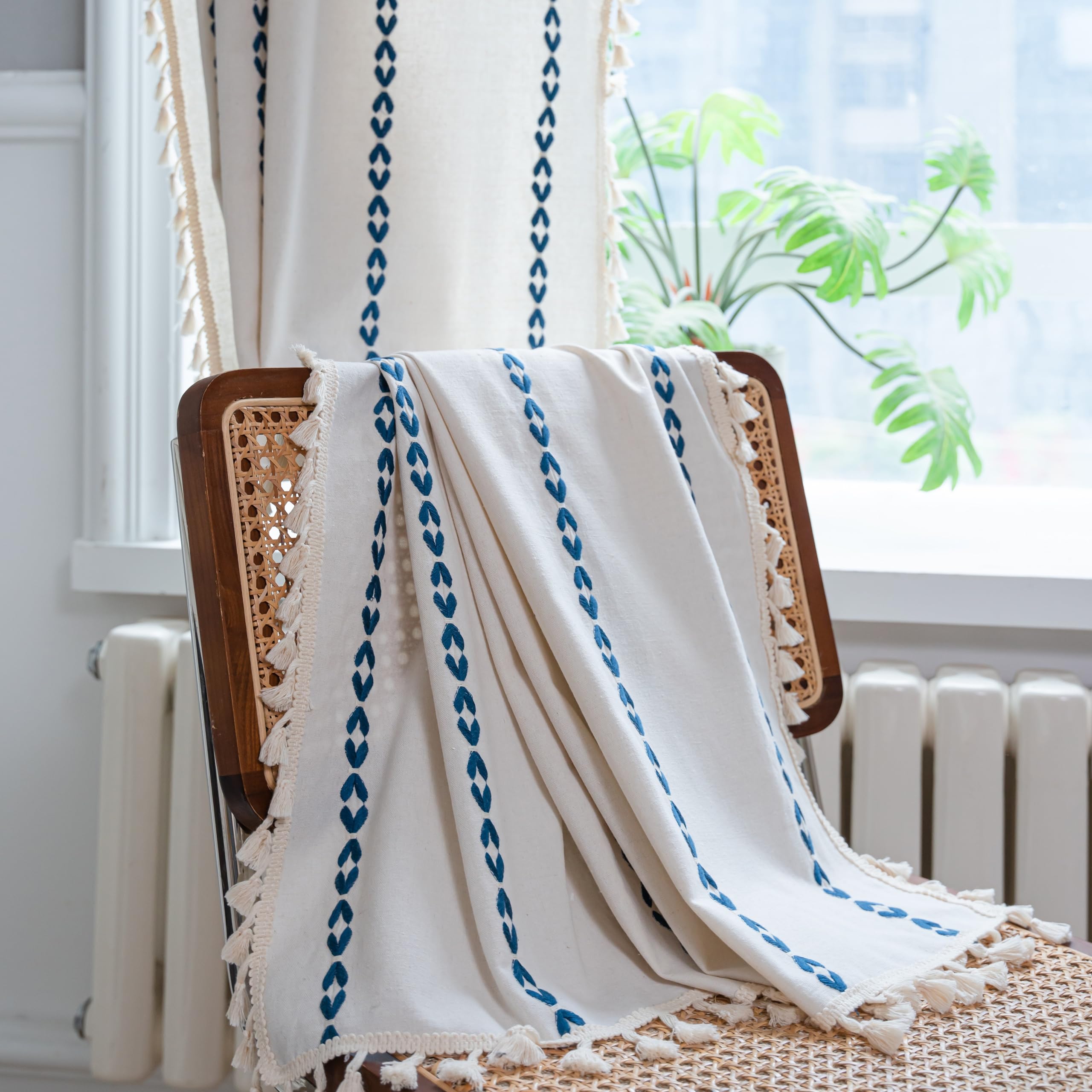 Sutuo Home Boho Curtains 90 Inches For Bedroom Living Room, Semi Blackout Farmhouse Vintage Tassels Window Treatment Bohemian Embroidery Drape, Rod Pocket 1 Panel 52' W X 90' L, White And Navy Blue