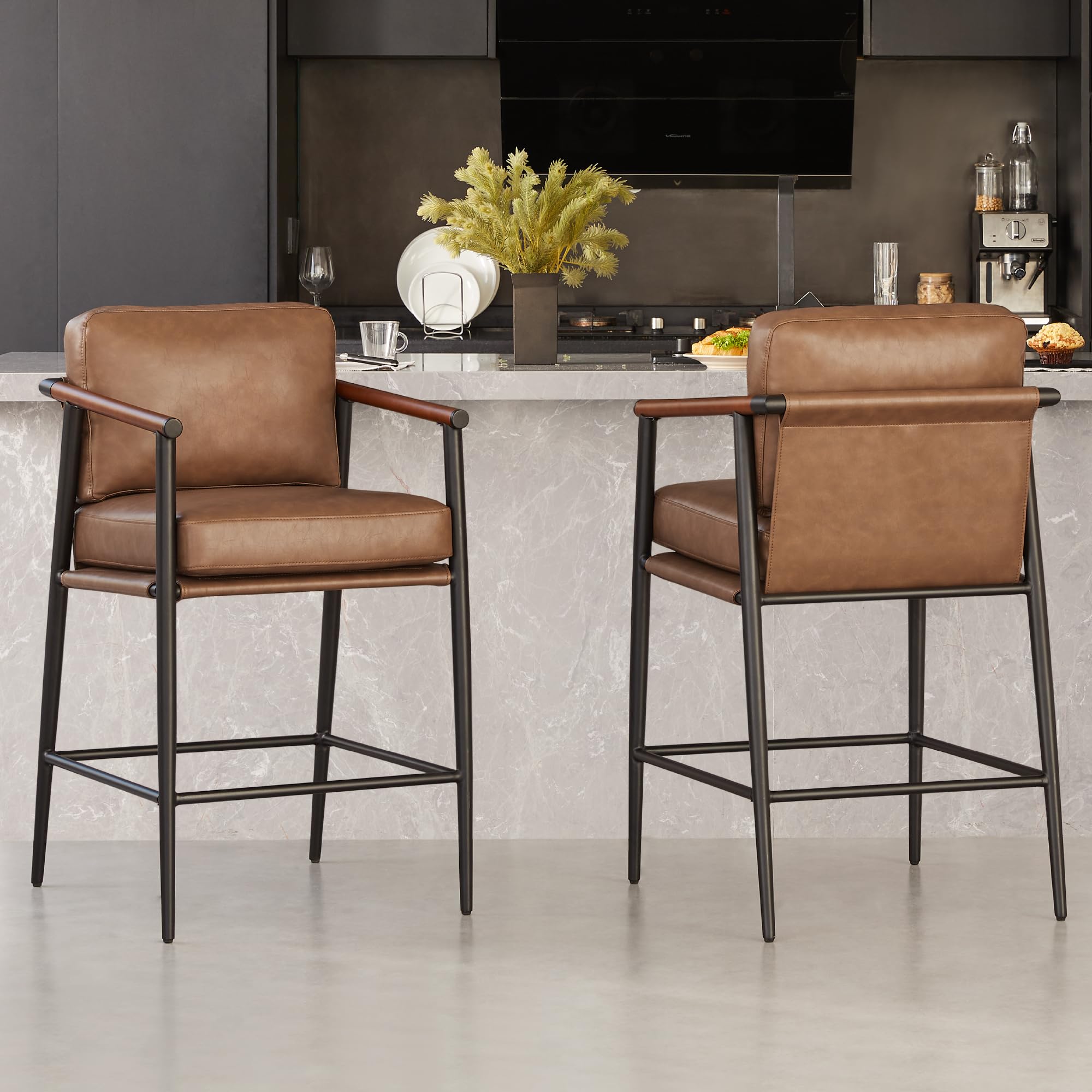 Watson & Whitely Mid Century Modern Barstools Set of 2, 26 H Upholstered Counter Height Bar Stools with Wood Armrests and Metal 