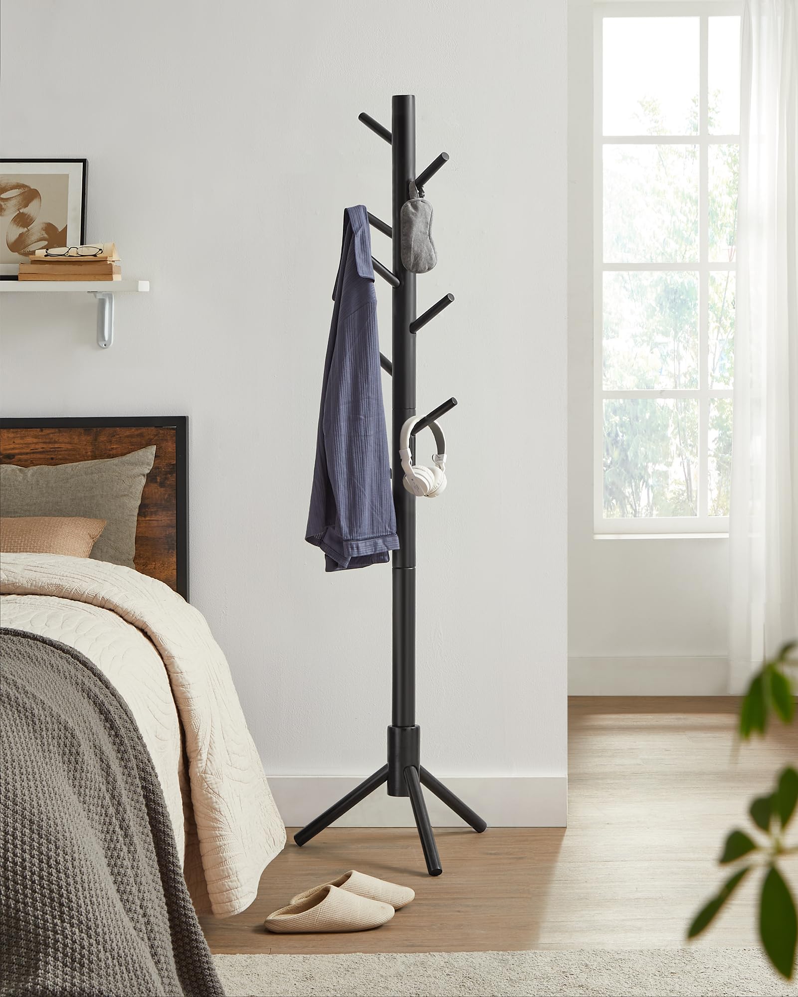 VASAGLE Solid Wood Coat Rack, Free Standing Tree-Shaped Design, 8 Hooks, Black, 68.9 Inches Tall, Ideal for Living Room, Bedroom, Home Office