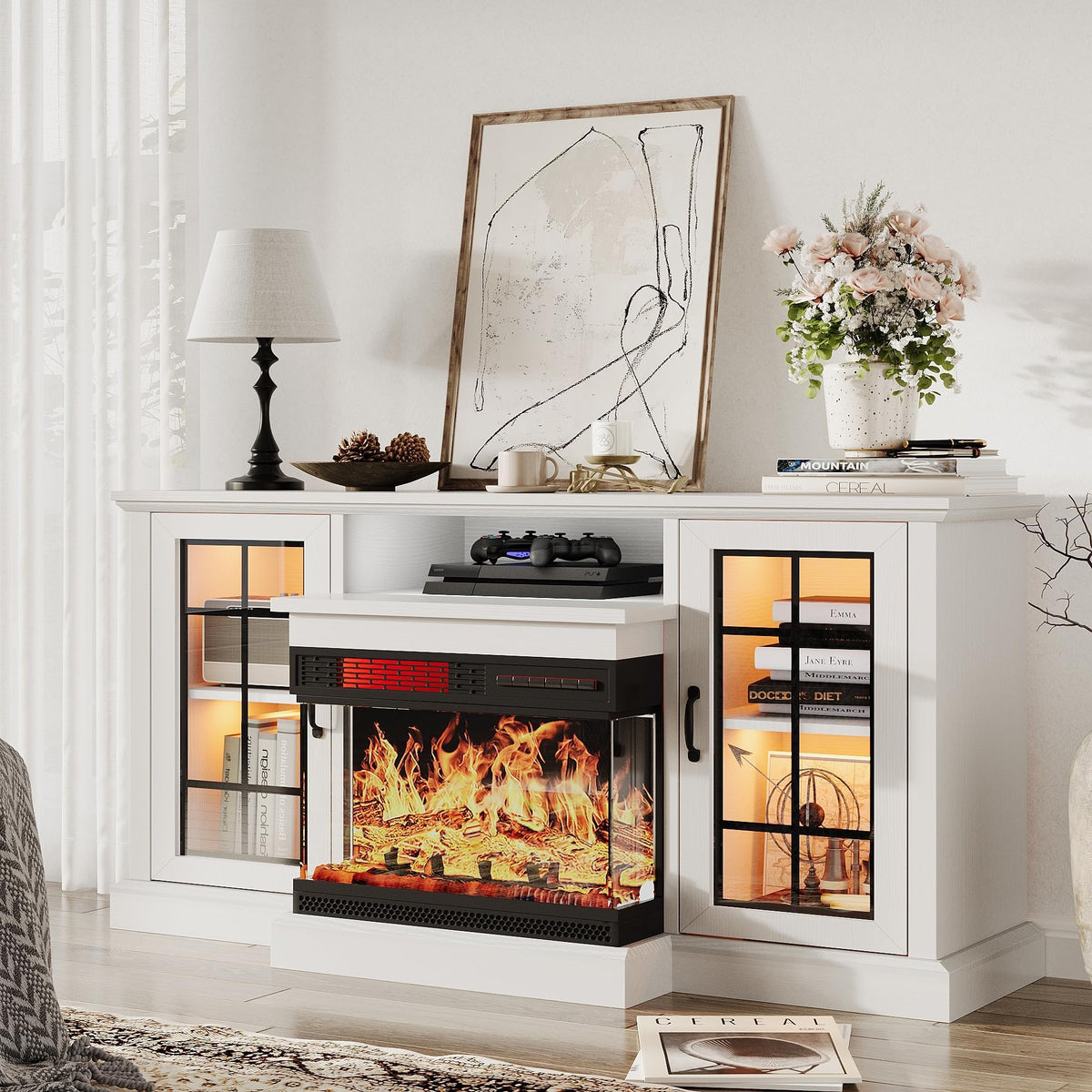 oneinmil 59'' Fireplace TV Stand, 3 Sided Glass Media Entertainment Center Console Table for TVs up to 65'' with Glass Door Adju