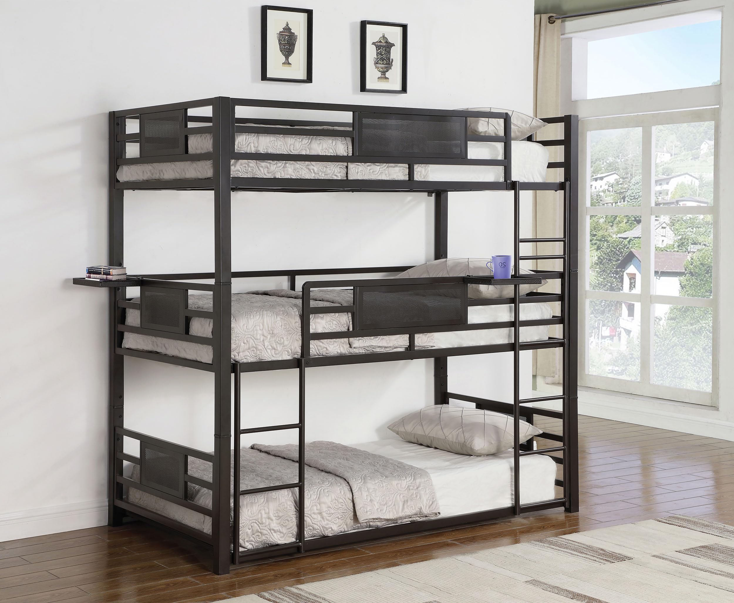 Coaster Home Furnishings Rogen Rustic Metal Twin Over Twin Over Twin Size Triple Bunk Bed Frame with Ladder and Guardrails Fully Slatted Mattress Ready Foundation Dark Bronze 460394T