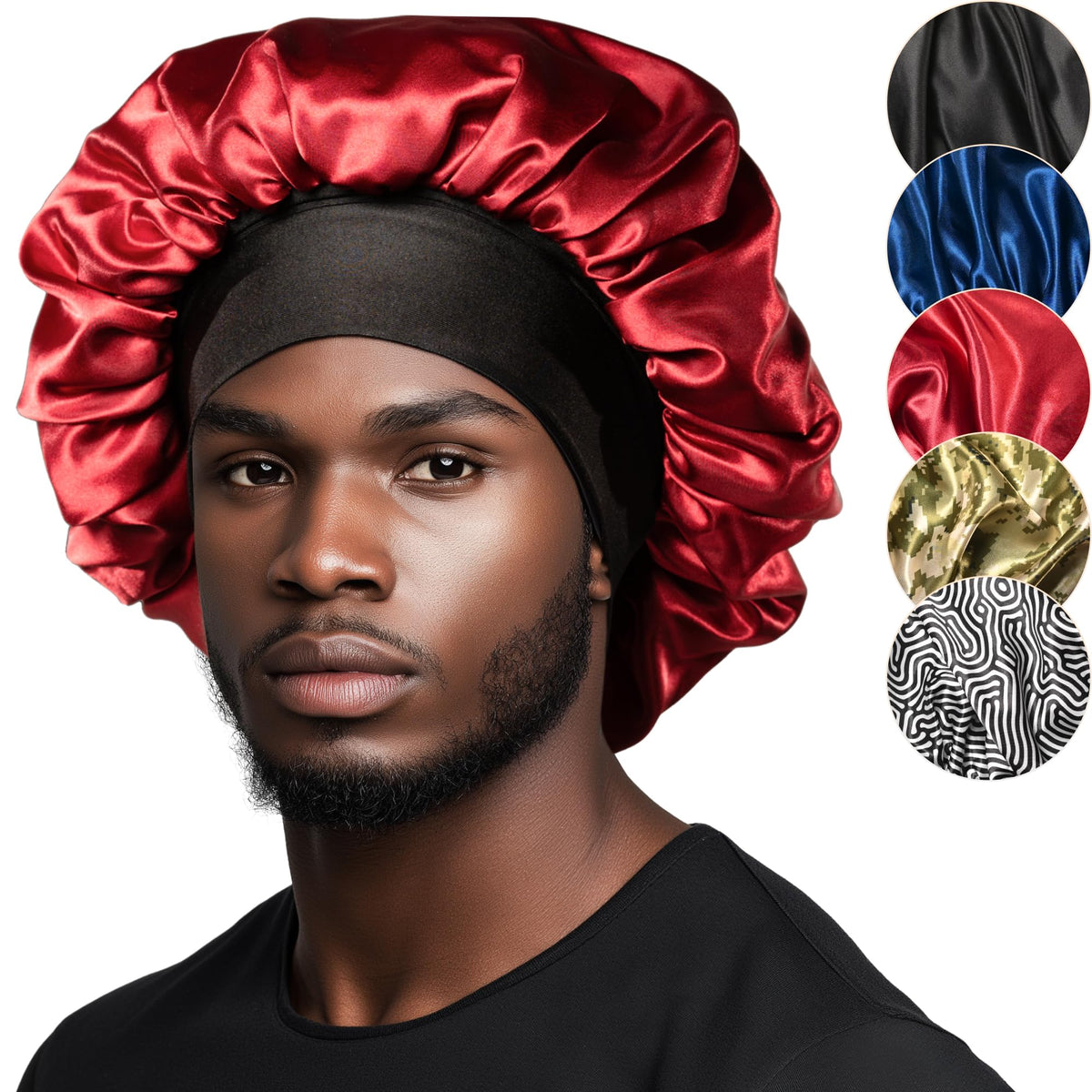 Niagara Satin Bonnet Men - Red Bonnet for Sleeping Men - Reversible Night Cap - Mens Bonnet for Curly Hair - Large Bonnet with D