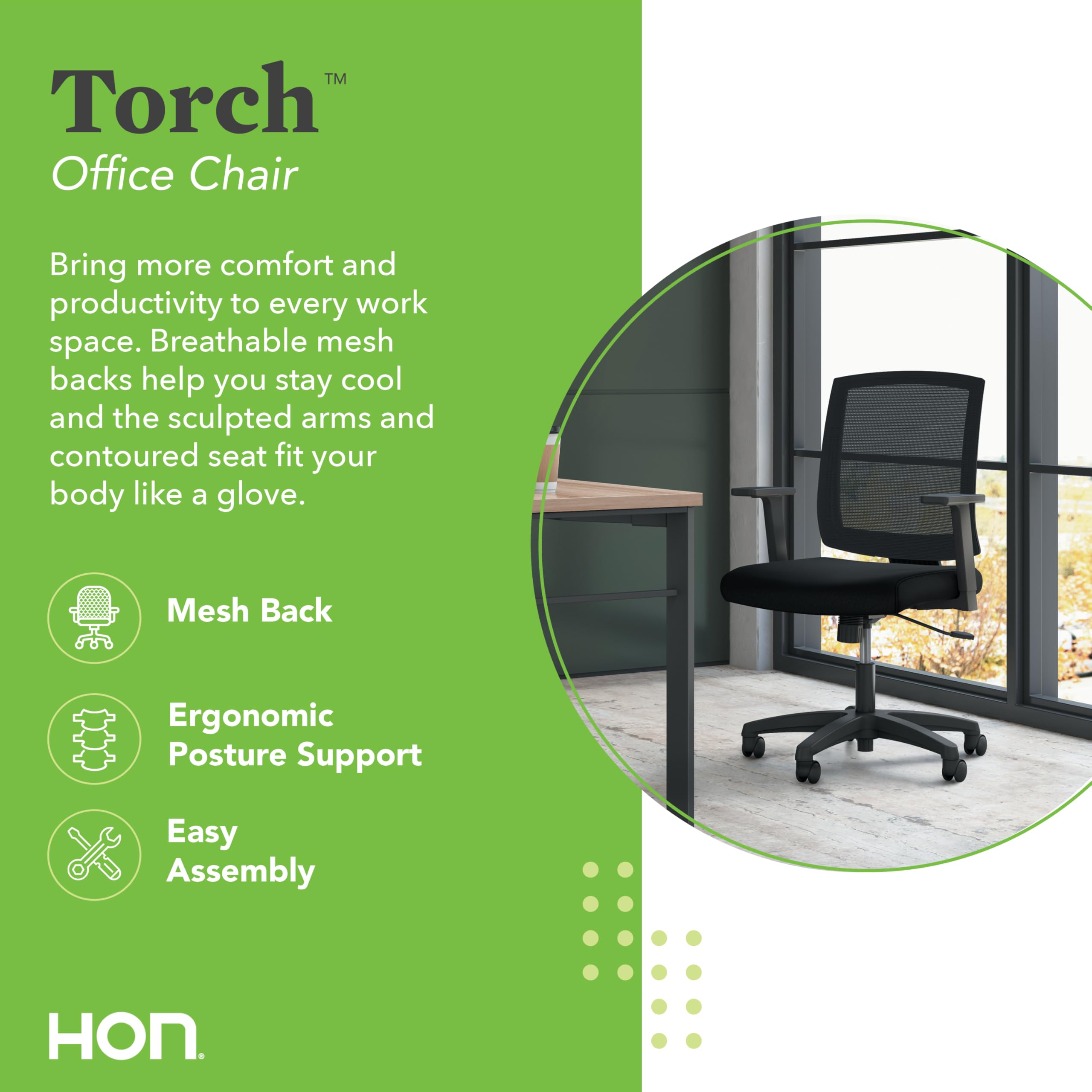 HON Torch Ergonomic Office Chair Mesh Mid Back Computer Desk Chair with Wheels - Comfortable Fabric Seat Home Office Task Chair, Tilt-Tension Recline Control, 360 Rolling Swivel, Sculpted Fixed Arms