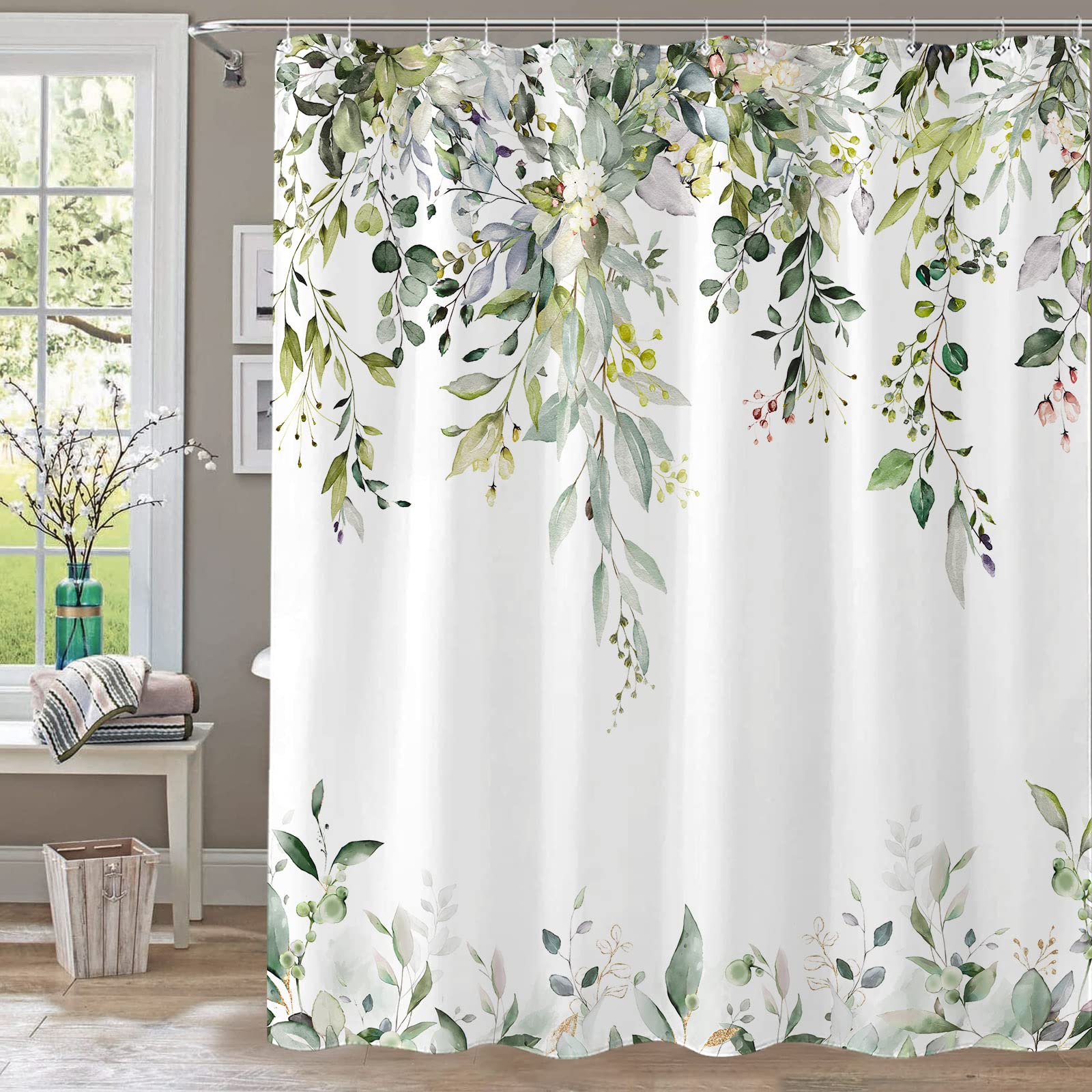 Kampdream Eucalyptus Plant Rustic Shower Curtain, Watercolor Leaves On The Top Country Farm House Shower Curtain, Spring Botanic