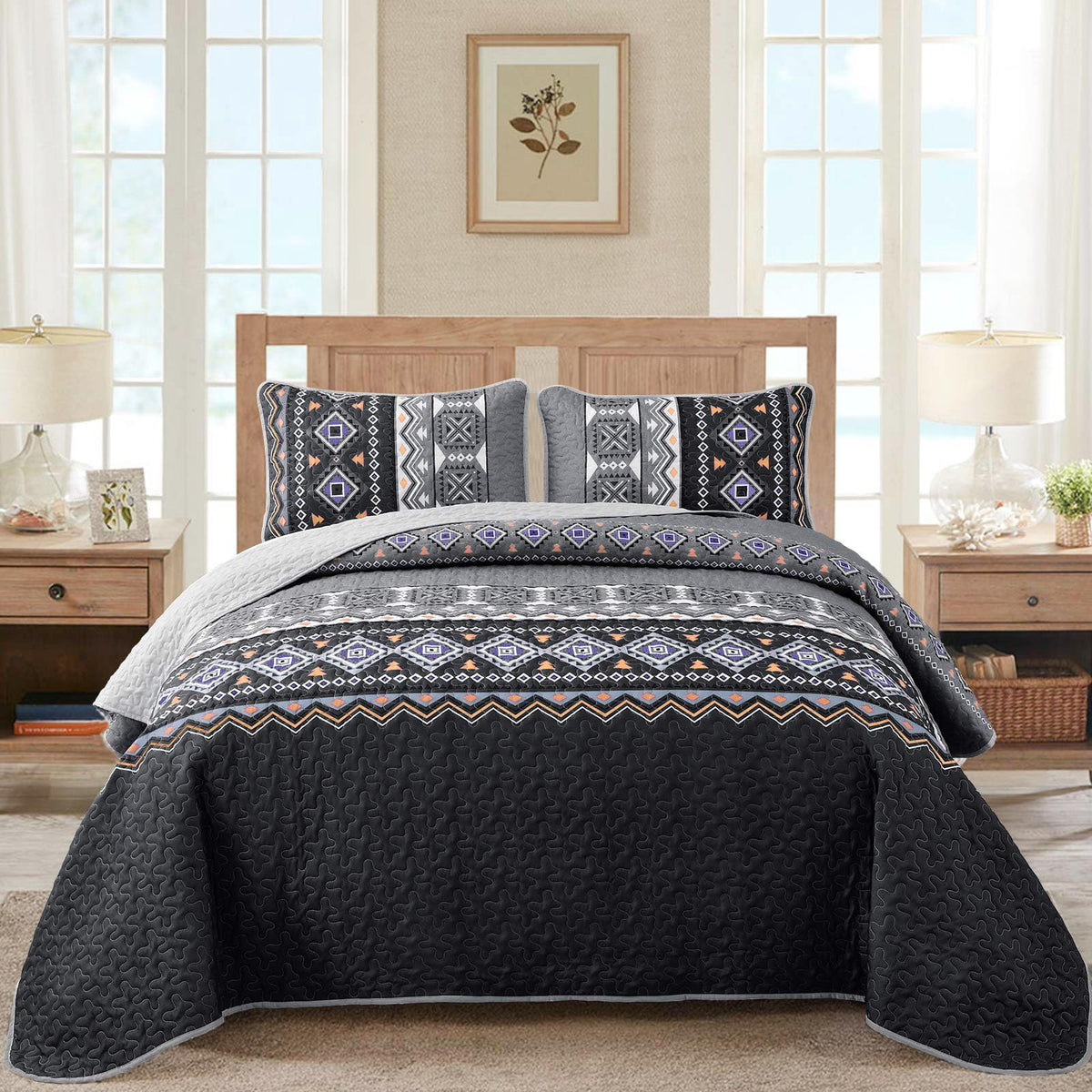 WONGS BEDDING Boho Quilt Set Queen,Black Grey Bedspread Coverlet Set with 2 Pillowcase,Lightweight Geometry Printed Bohemian Bed