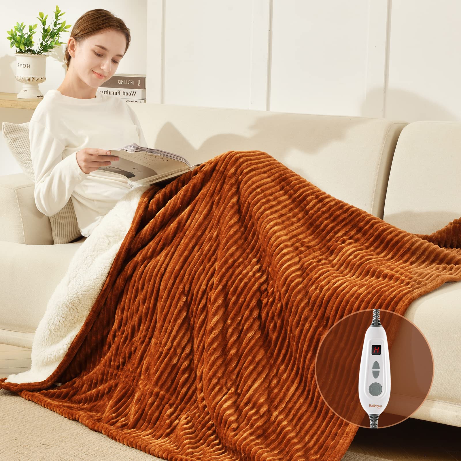 Bearhug Heated Throw Blanket, Ribbed Flannel & Sherpa 50'X60' Fast Heating Electric Blanket, 6 Heating Levels & 4H Auto Off, O