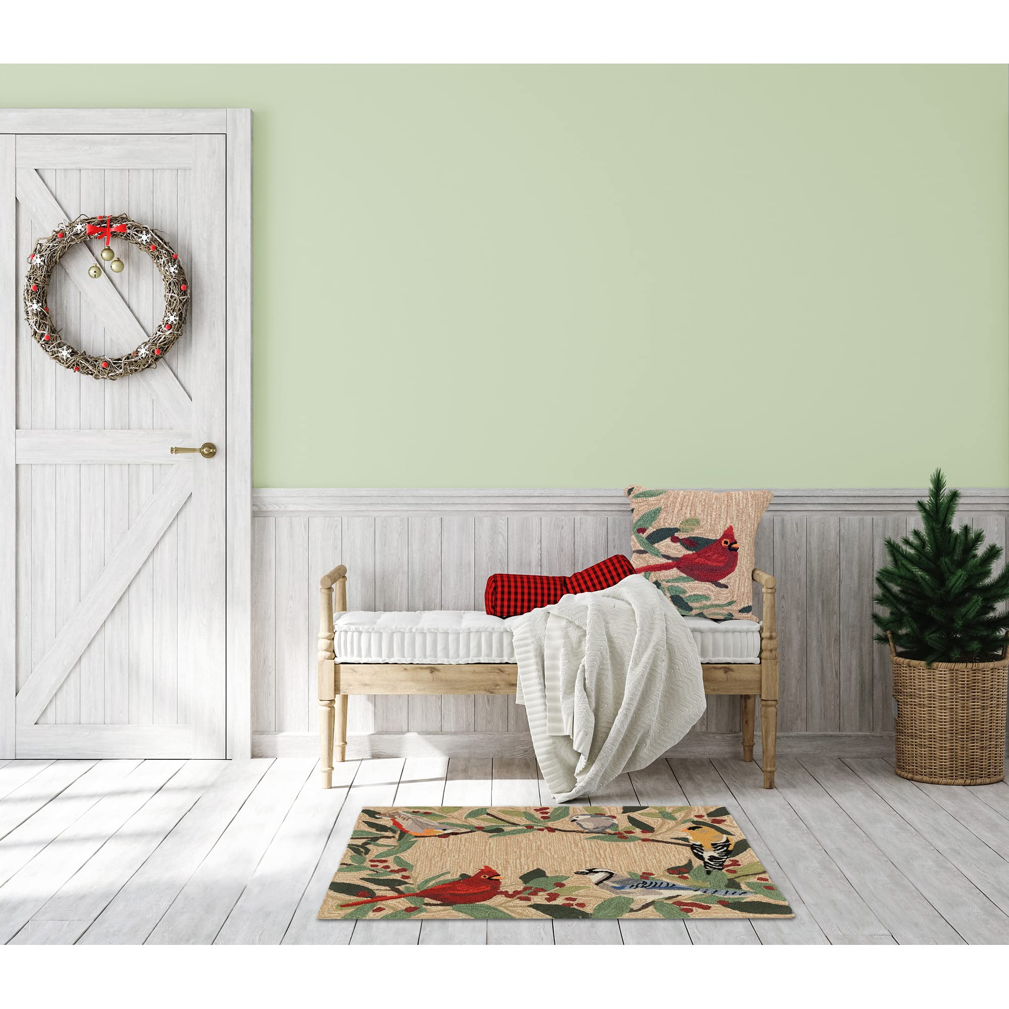 Liora Manne Frontporch Indoor Outdoor Rug - Novelty Design, Hand Hooked, Weather Resistant, Uv Stabilized, Foyers, Porches, Patios & Decks, Bird Border Natural, 2' X 3'