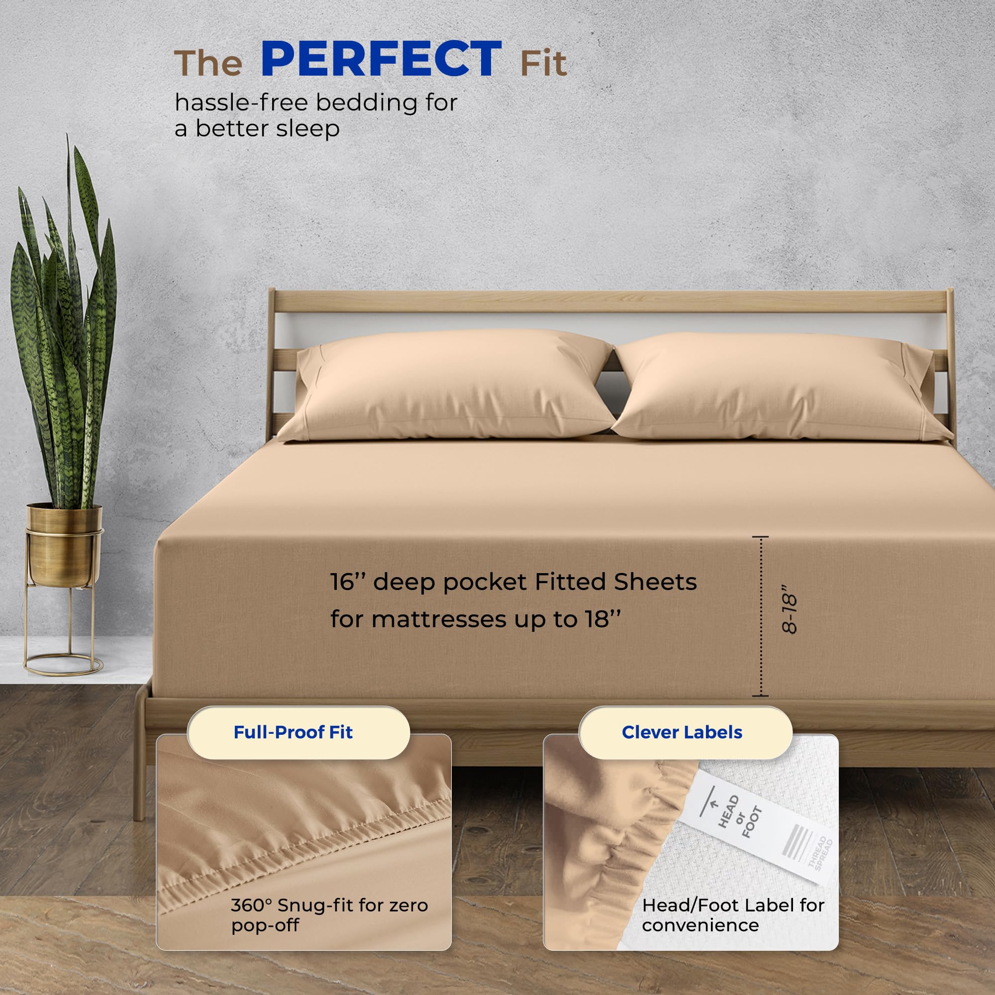 Thread Spread Premium 1000-Thread-Count Egyptian Cotton Queen Fitted Sheet Only - 16' Deep Pocket Queen Fitted Sheet, Easy Snug Fit, Soft Cooling Sateen Weave, Extra Long Staple Bottom Sheet - Taupe