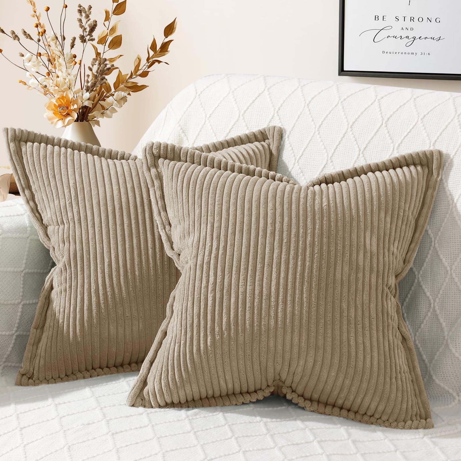 Mecatny Corduroy Pillow Covers 20X20 Inch Set Of 2, Striped Decorative Square Spring Throw Pillow Covers With Wide Border For Co