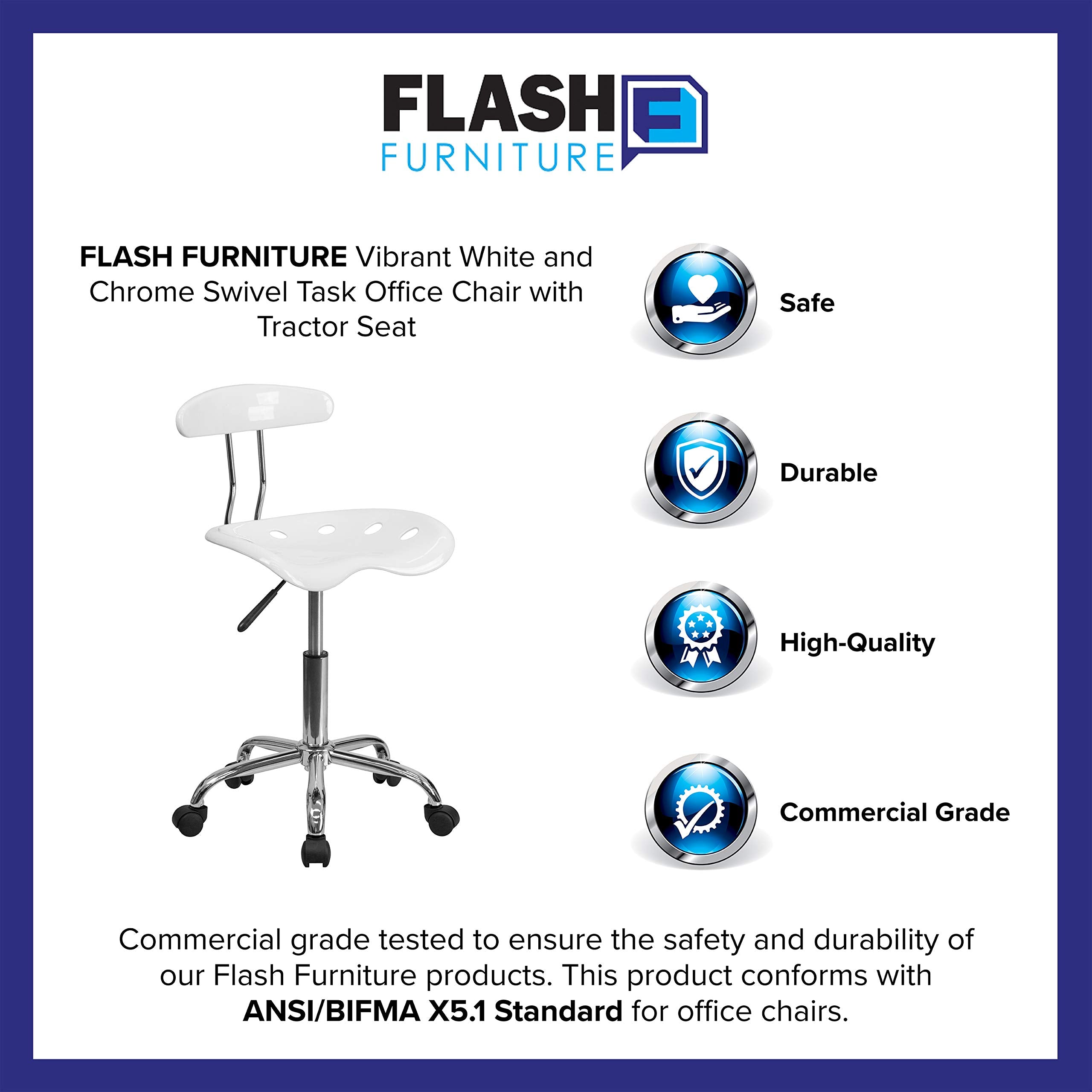 Flash Furniture Elliott Vibrant White and Chrome Swivel Task Office Chair with Tractor Seat