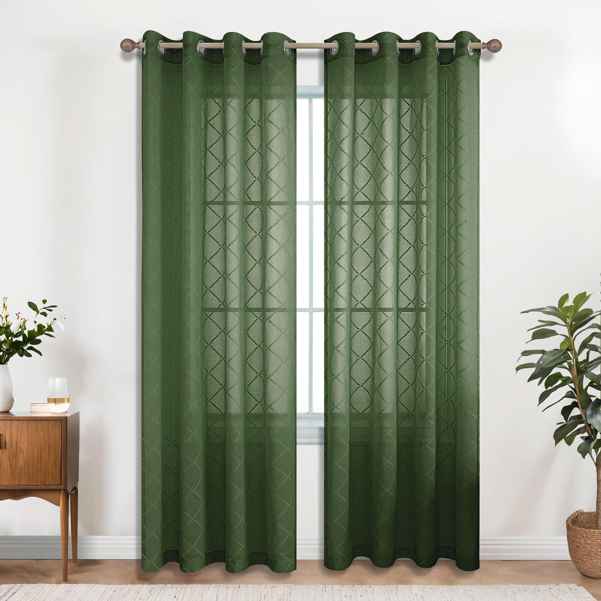 Koufall Olive Green Curtains For Living Room,Boho Embroidered Diamond Trellis Patterned Semi Sheer Curtains 84 Inches Long For B